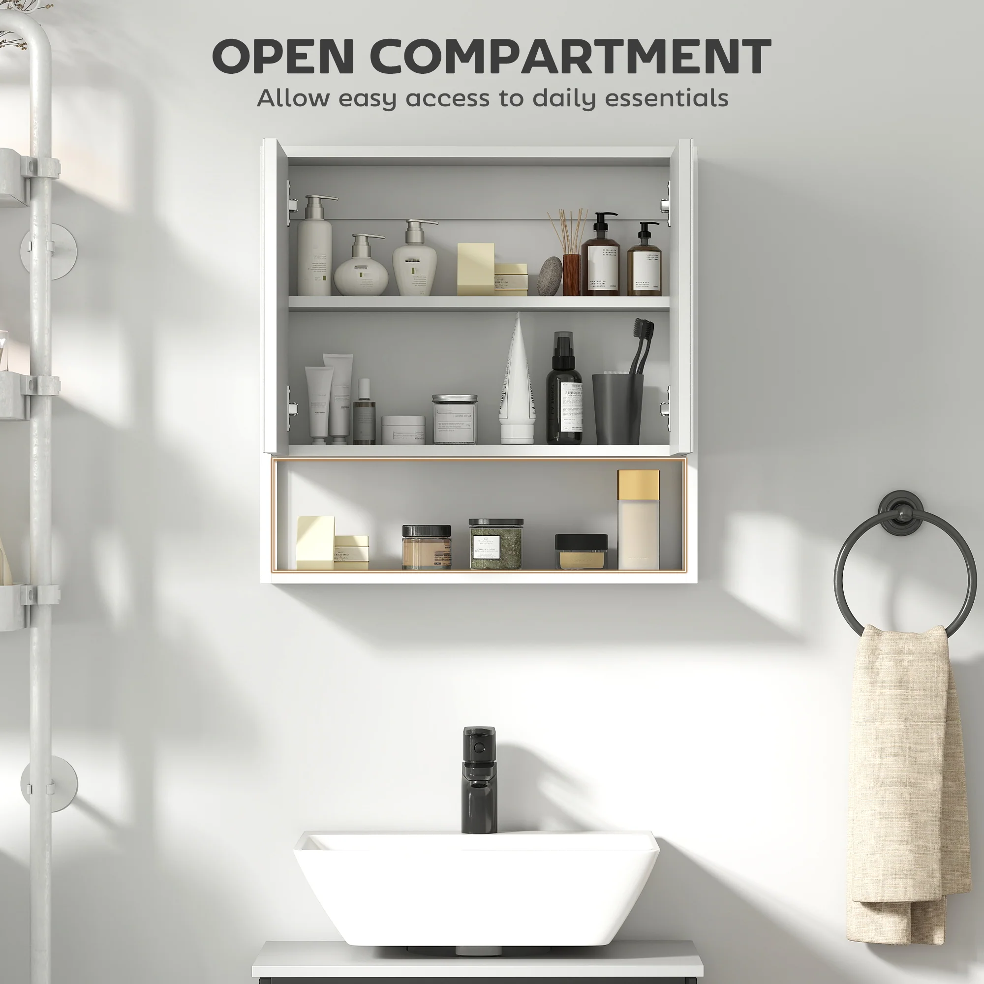 HOMCOM Industrial Bathroom Cabinet With 2 Mirrored Doors Open Shelf - Image 7