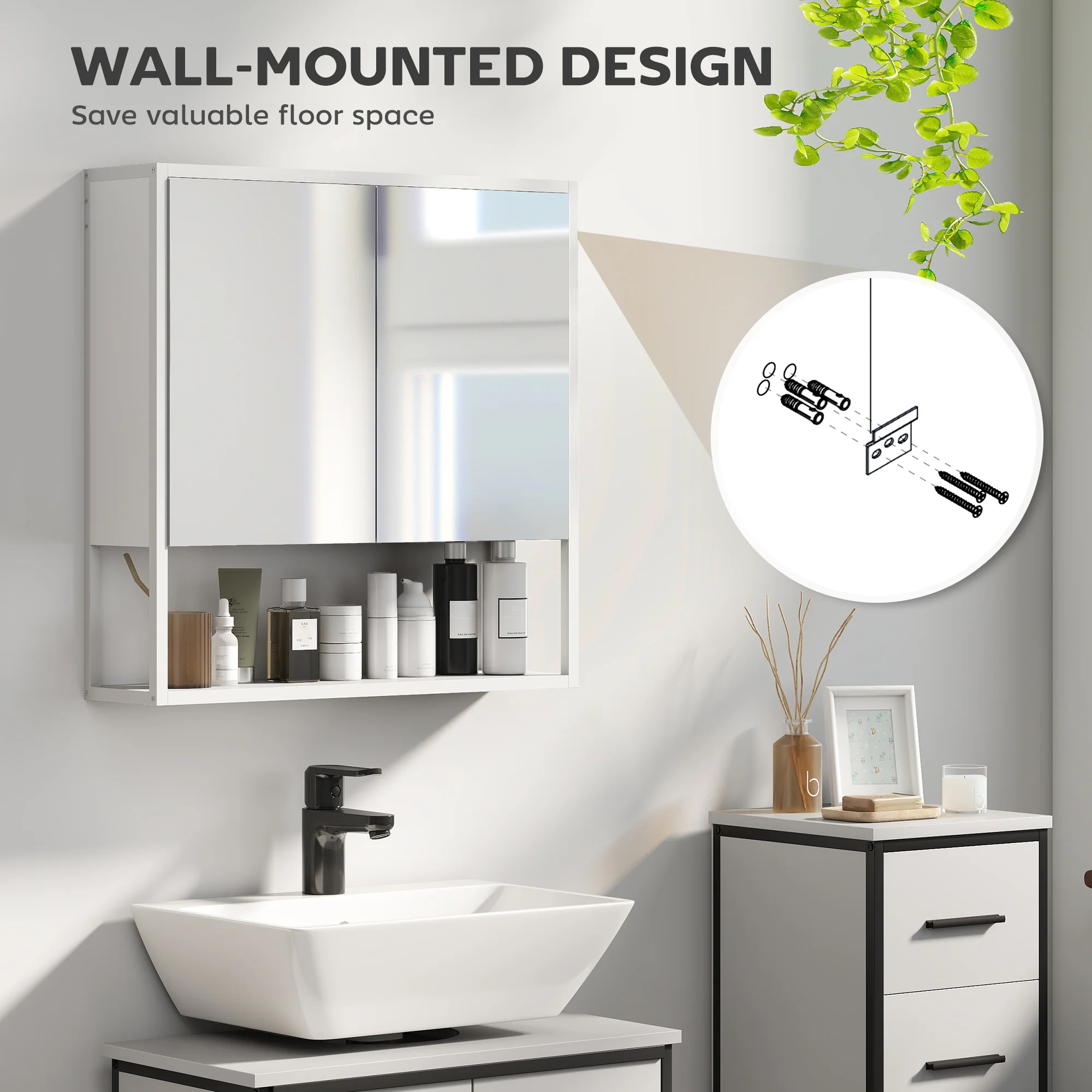 HOMCOM Industrial Bathroom Cabinet With 2 Mirrored Doors Open Shelf - Image 8