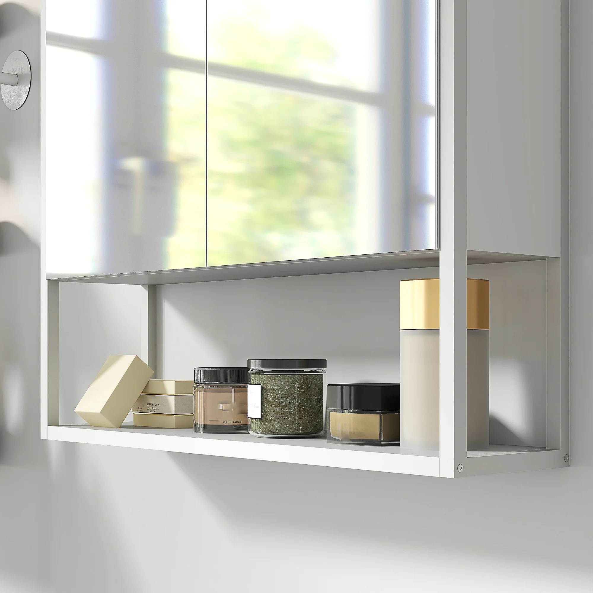 HOMCOM Industrial Bathroom Cabinet With 2 Mirrored Doors Open Shelf - Image 9
