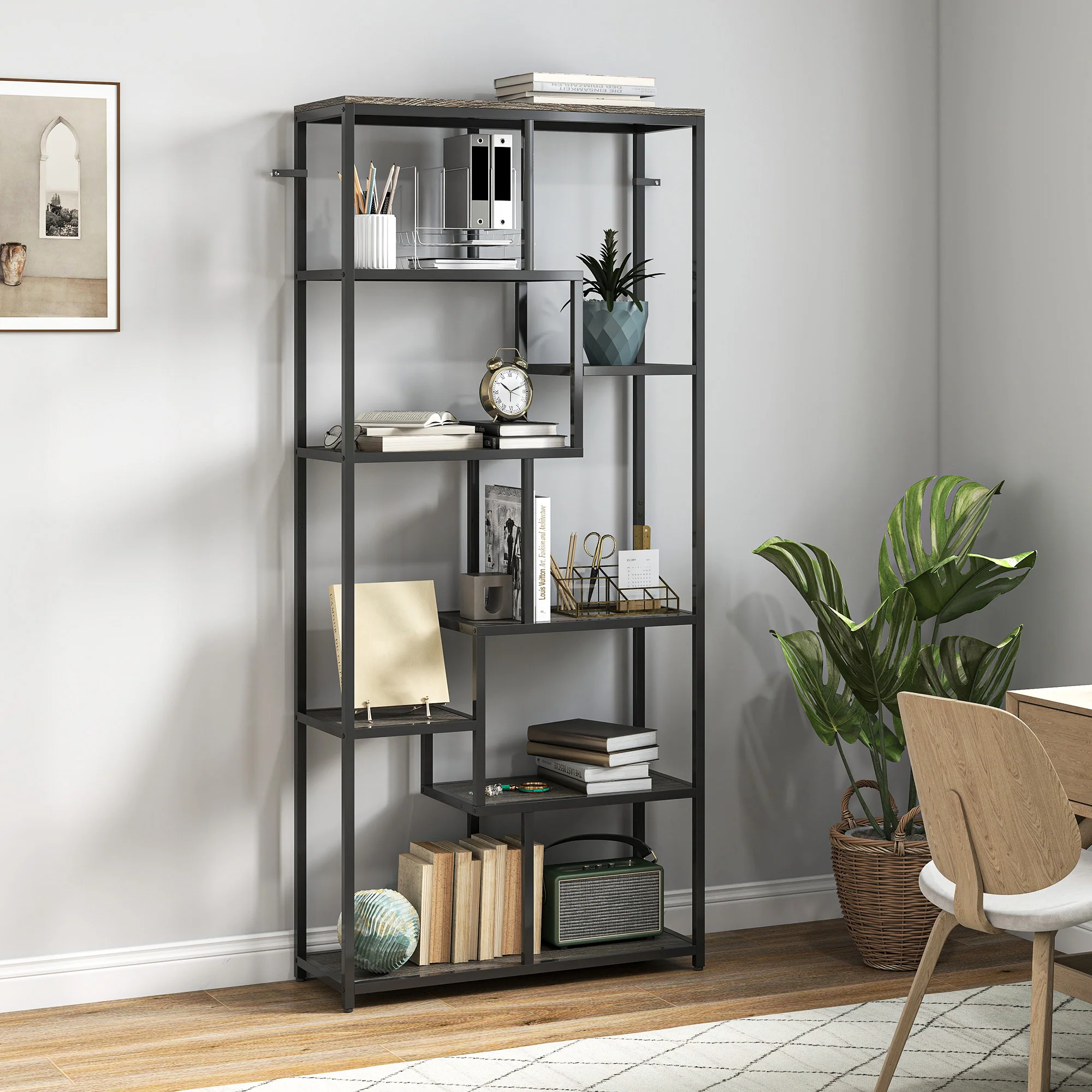 HOMCOM Industrial Bookcase 7-Tier Bookshelf Shelving Unit Grey Black - Image 2
