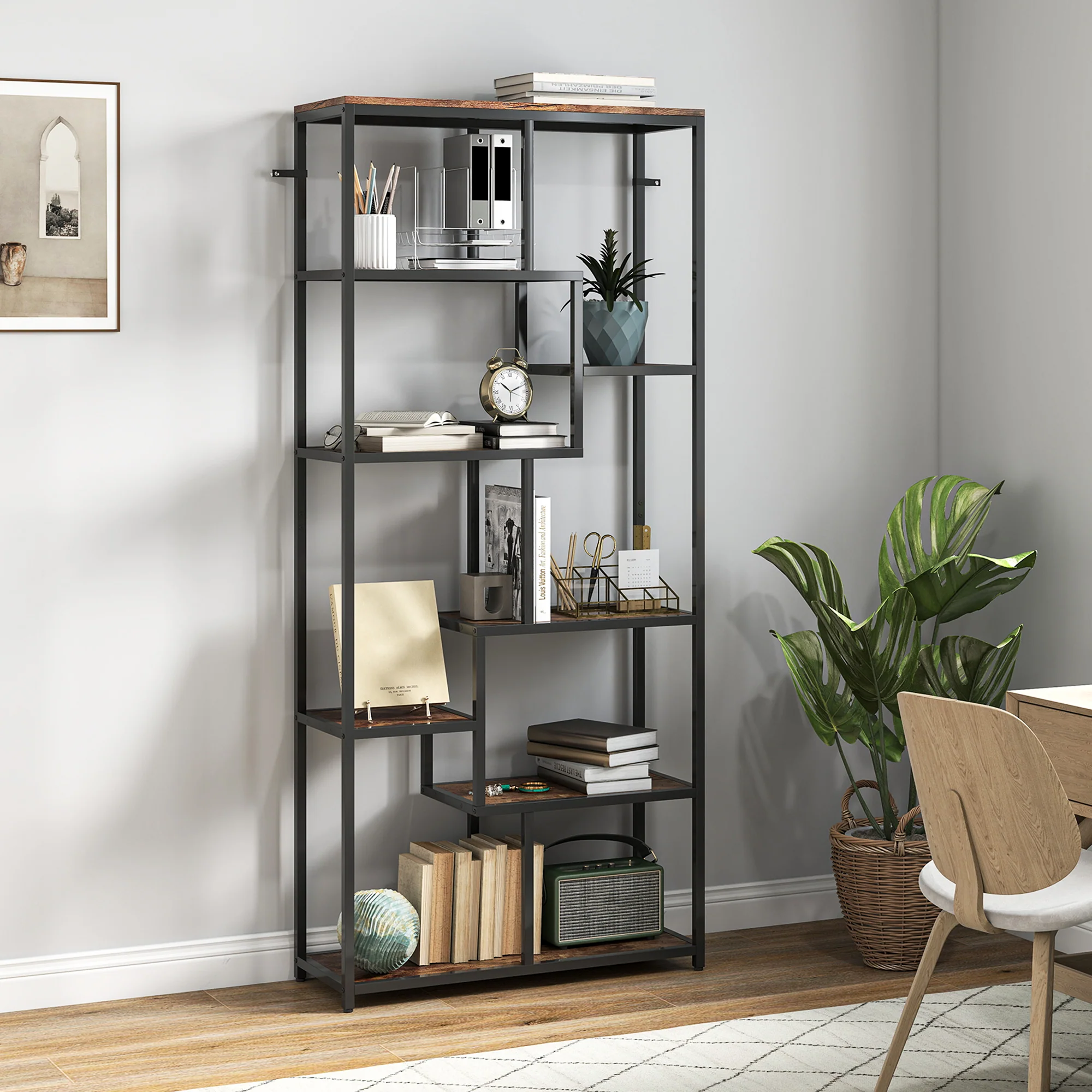 HOMCOM Industrial Bookcase 7-Tier Bookshelf Shelving Unit Rustic Brown Black - Image 2