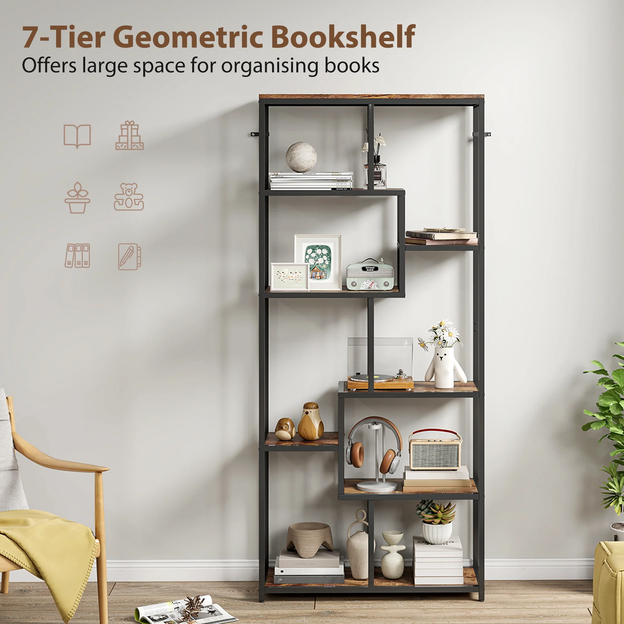 HOMCOM Industrial Bookcase 7-Tier Bookshelf Shelving Unit Rustic Brown Black - Image 3