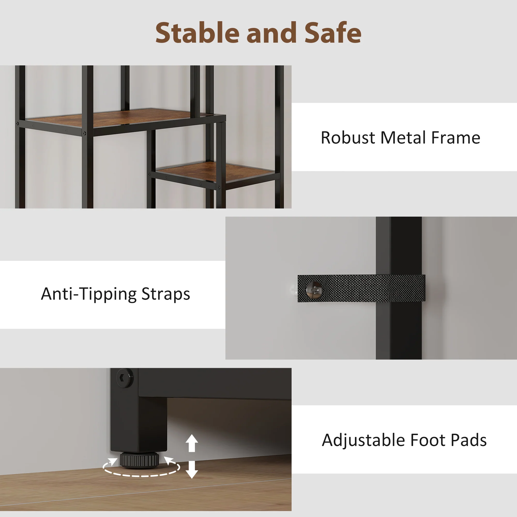 HOMCOM Industrial Bookcase 7-Tier Bookshelf Shelving Unit Rustic Brown Black - Image 4