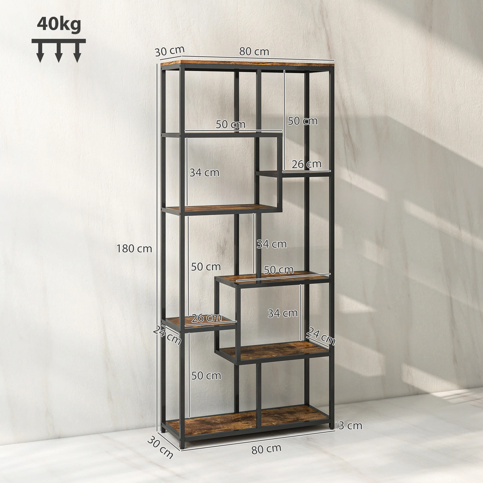 HOMCOM Industrial Bookcase 7-Tier Bookshelf Shelving Unit Rustic Brown Black - Image 5