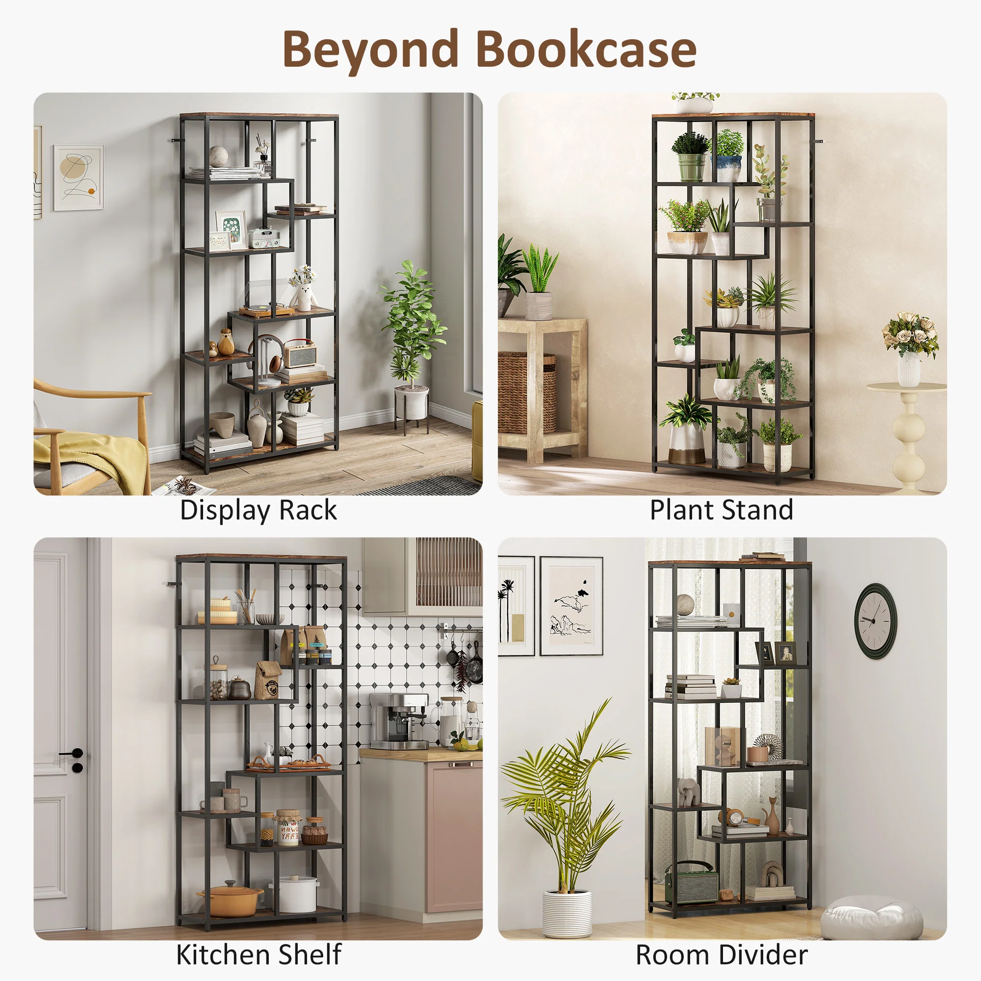 HOMCOM Industrial Bookcase 7-Tier Bookshelf Shelving Unit Rustic Brown Black - Image 6