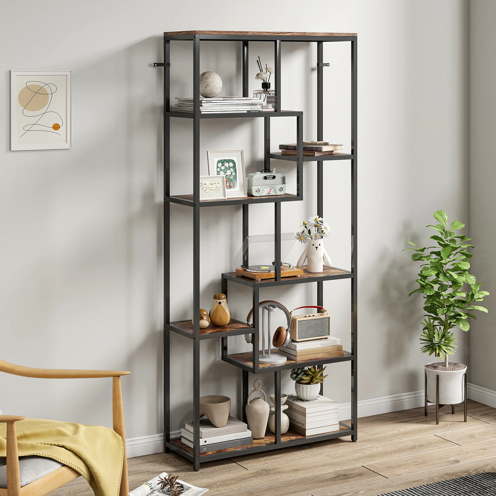 HOMCOM Industrial Bookcase 7-Tier Bookshelf Shelving Unit Rustic Brown Black - Image 7