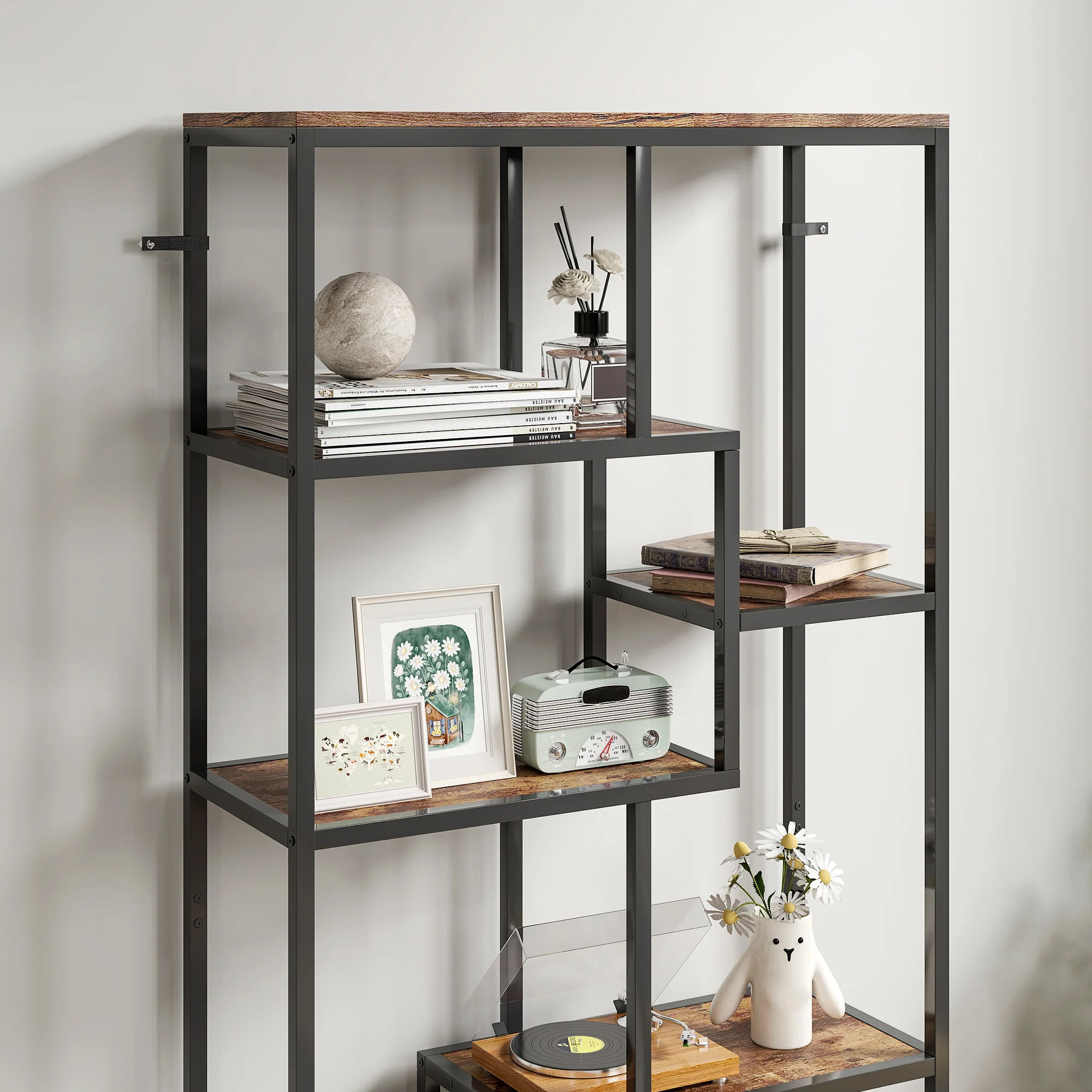 HOMCOM Industrial Bookcase 7-Tier Bookshelf Shelving Unit Rustic Brown Black - Image 8