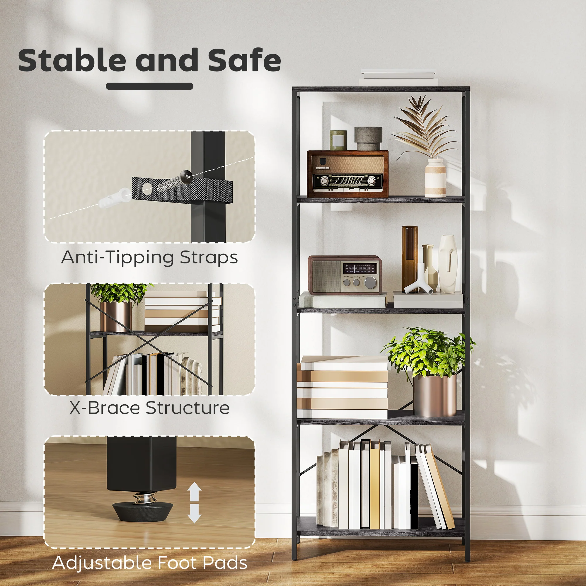 HOMCOM Industrial Bookshelf, Freestanding Bookcase, Dark Grey and Black - Image 4