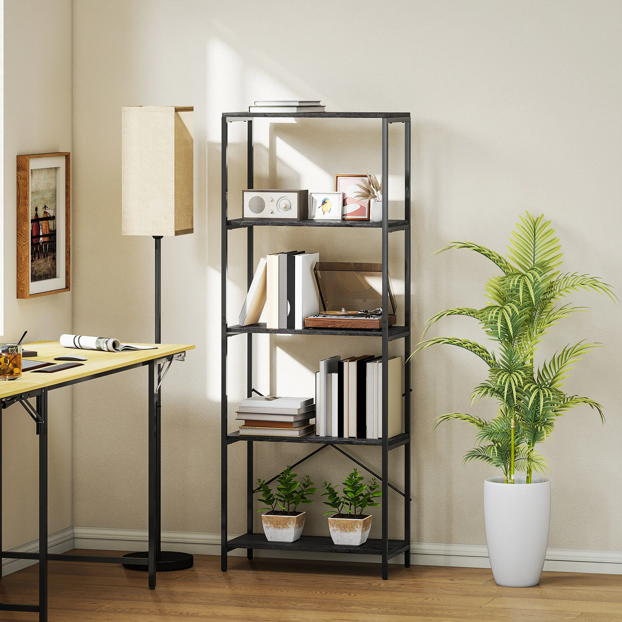 HOMCOM Industrial Bookshelf, Freestanding Bookcase, Dark Grey and Black - Image 7