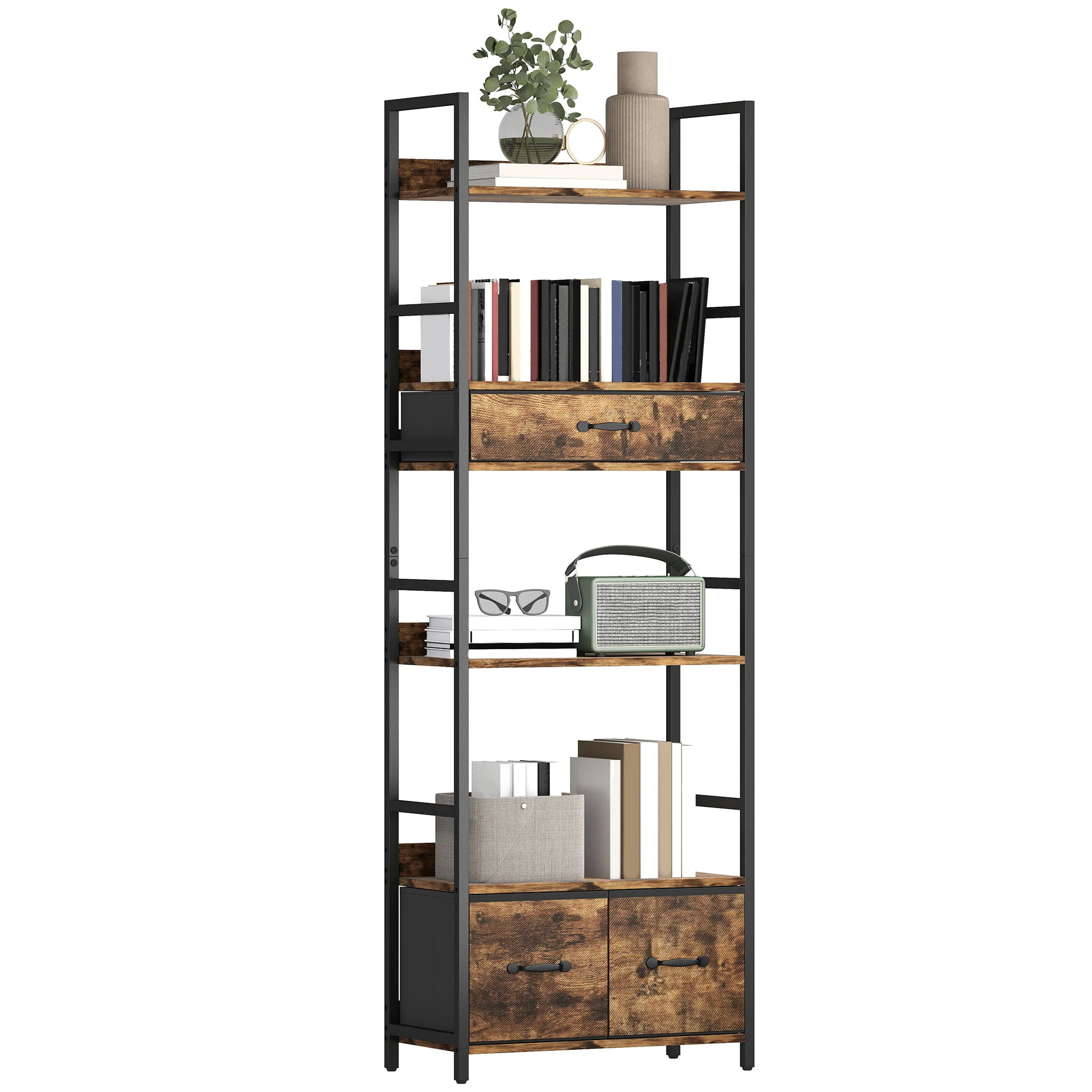 HOMCOM Industrial Bookshelf with 4 Shelves and 3 Fabric Drawers Rustic Brown