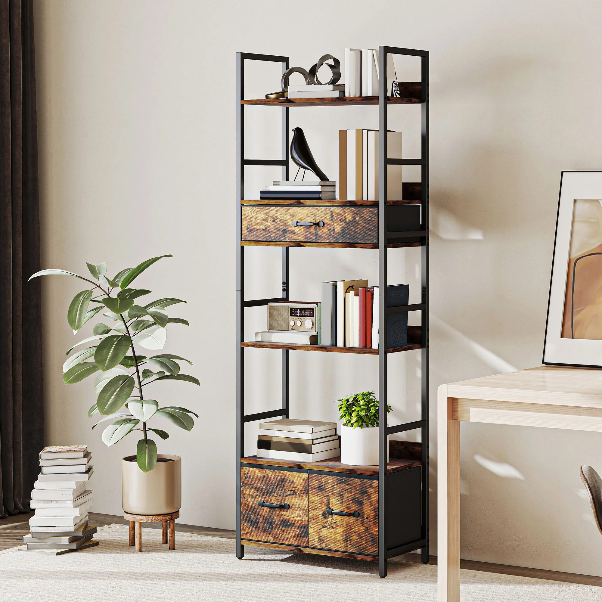 HOMCOM Industrial Bookshelf with 4 Shelves and 3 Fabric Drawers Rustic Brown - Image 2