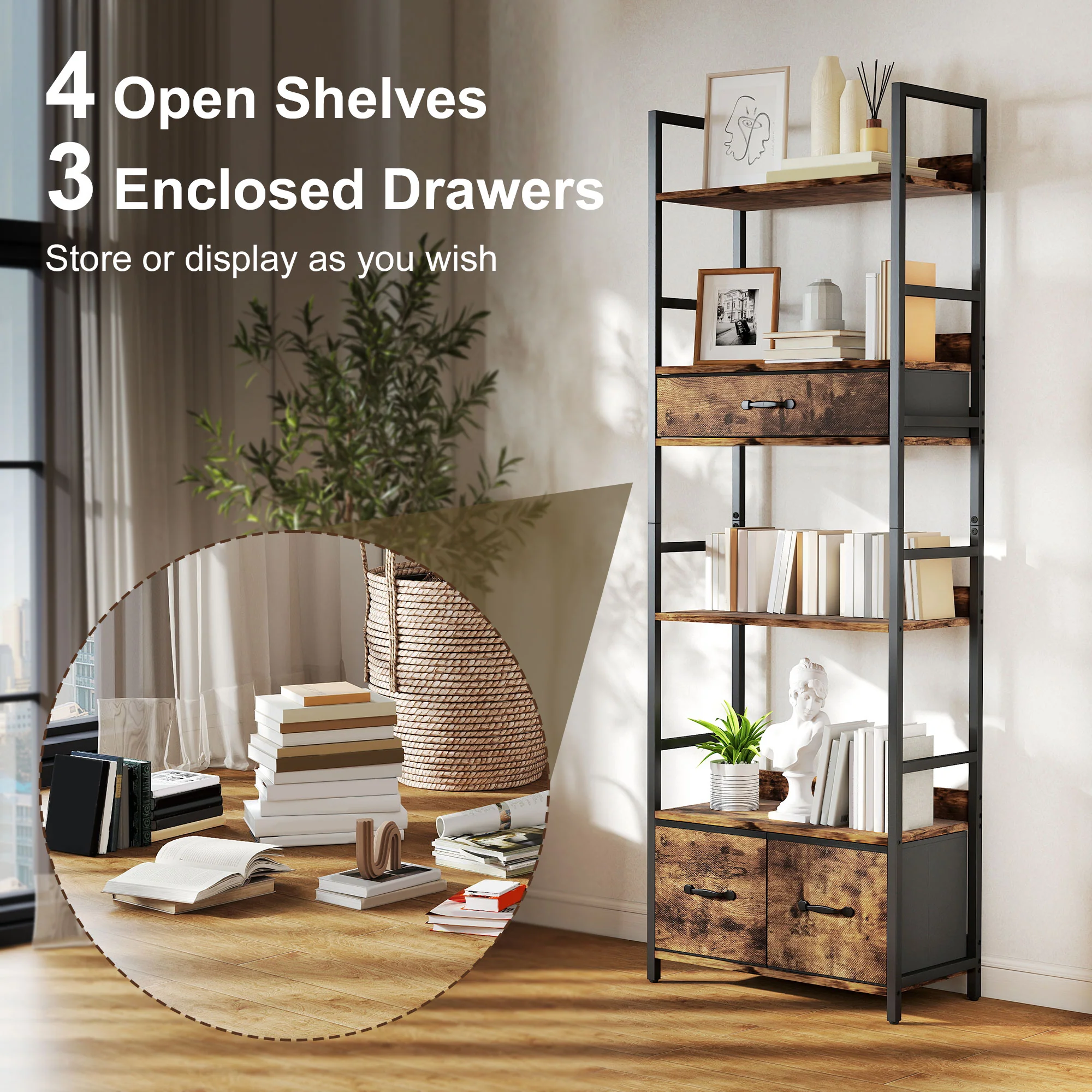 HOMCOM Industrial Bookshelf with 4 Shelves and 3 Fabric Drawers Rustic Brown - Image 3