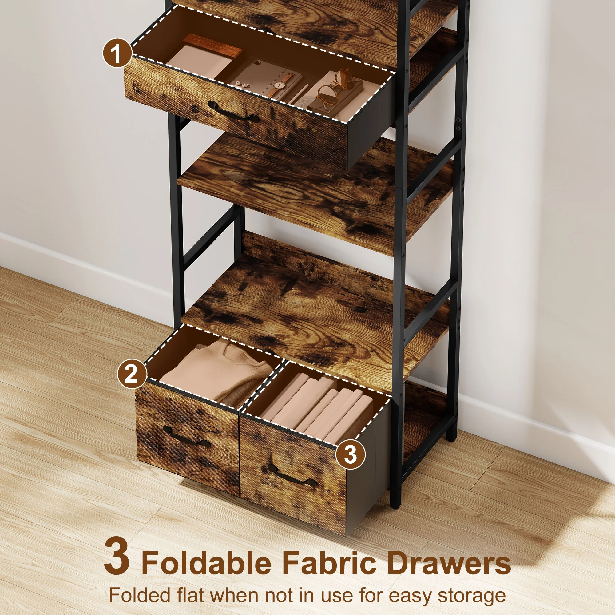 HOMCOM Industrial Bookshelf with 4 Shelves and 3 Fabric Drawers Rustic Brown - Image 4