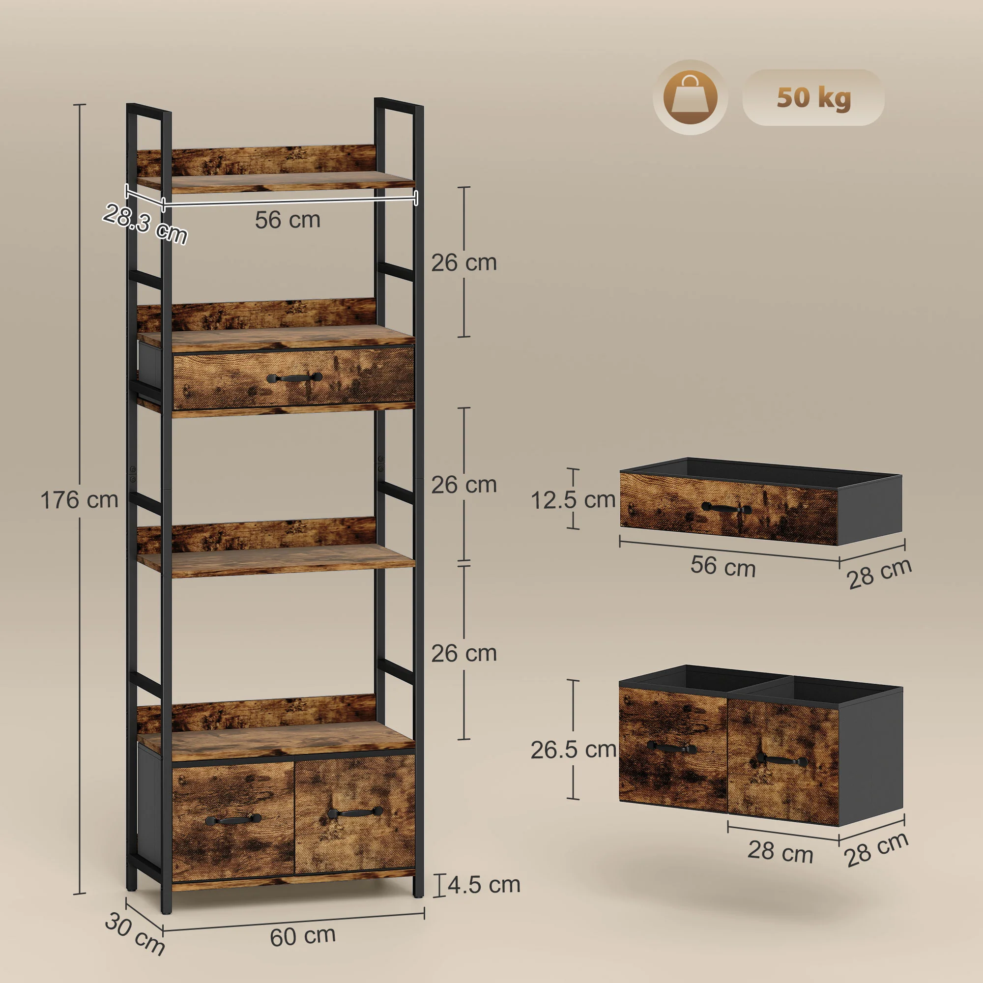HOMCOM Industrial Bookshelf with 4 Shelves and 3 Fabric Drawers Rustic Brown - Image 5