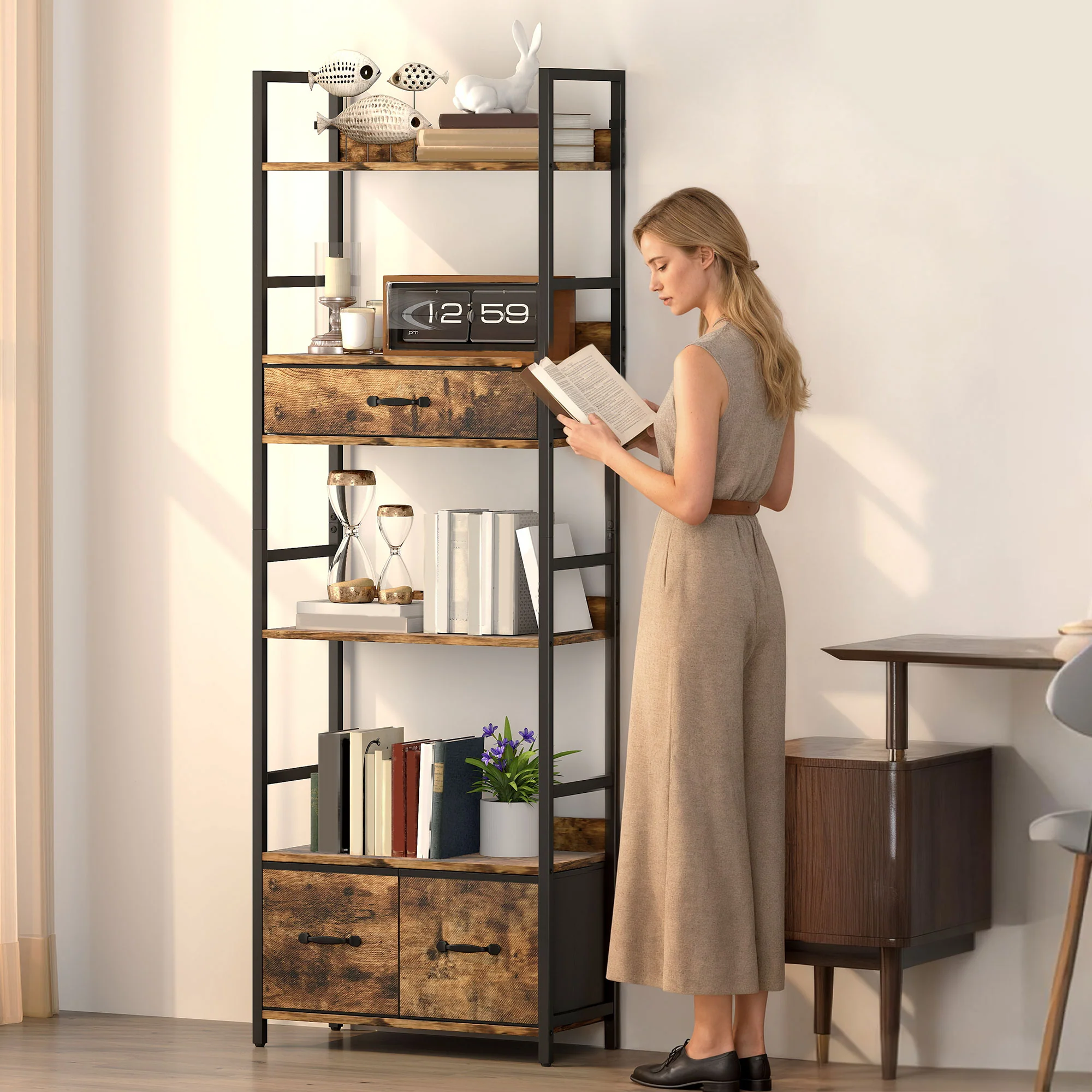 HOMCOM Industrial Bookshelf with 4 Shelves and 3 Fabric Drawers Rustic Brown - Image 7