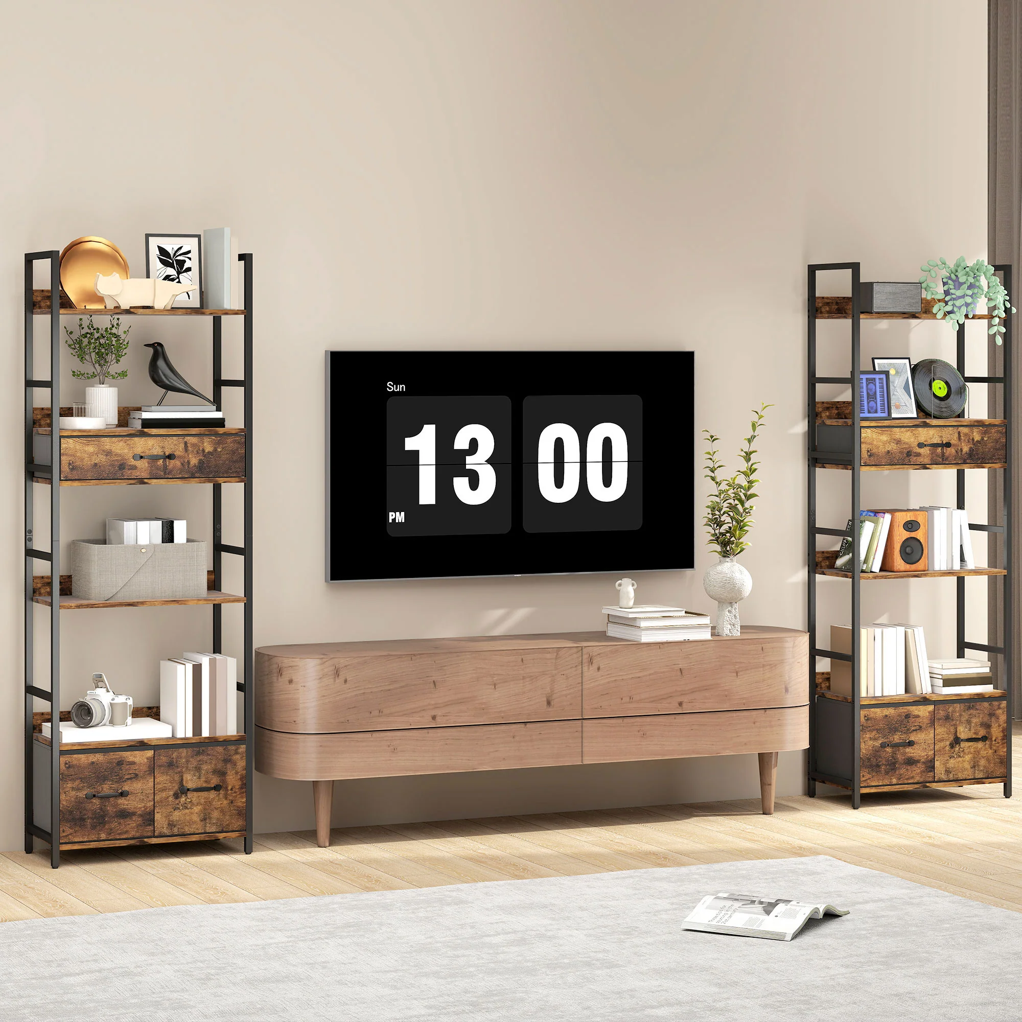 HOMCOM Industrial Bookshelf with 4 Shelves and 3 Fabric Drawers Rustic Brown - Image 8