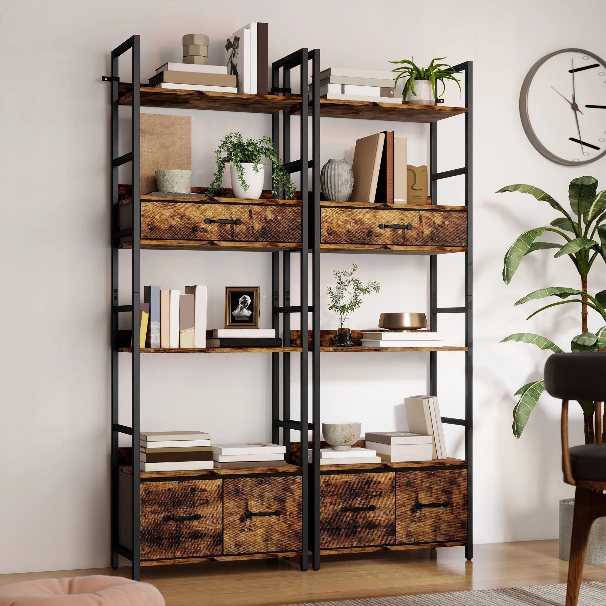 HOMCOM Industrial Bookshelf with 4 Shelves and 3 Fabric Drawers Rustic Brown - Image 9