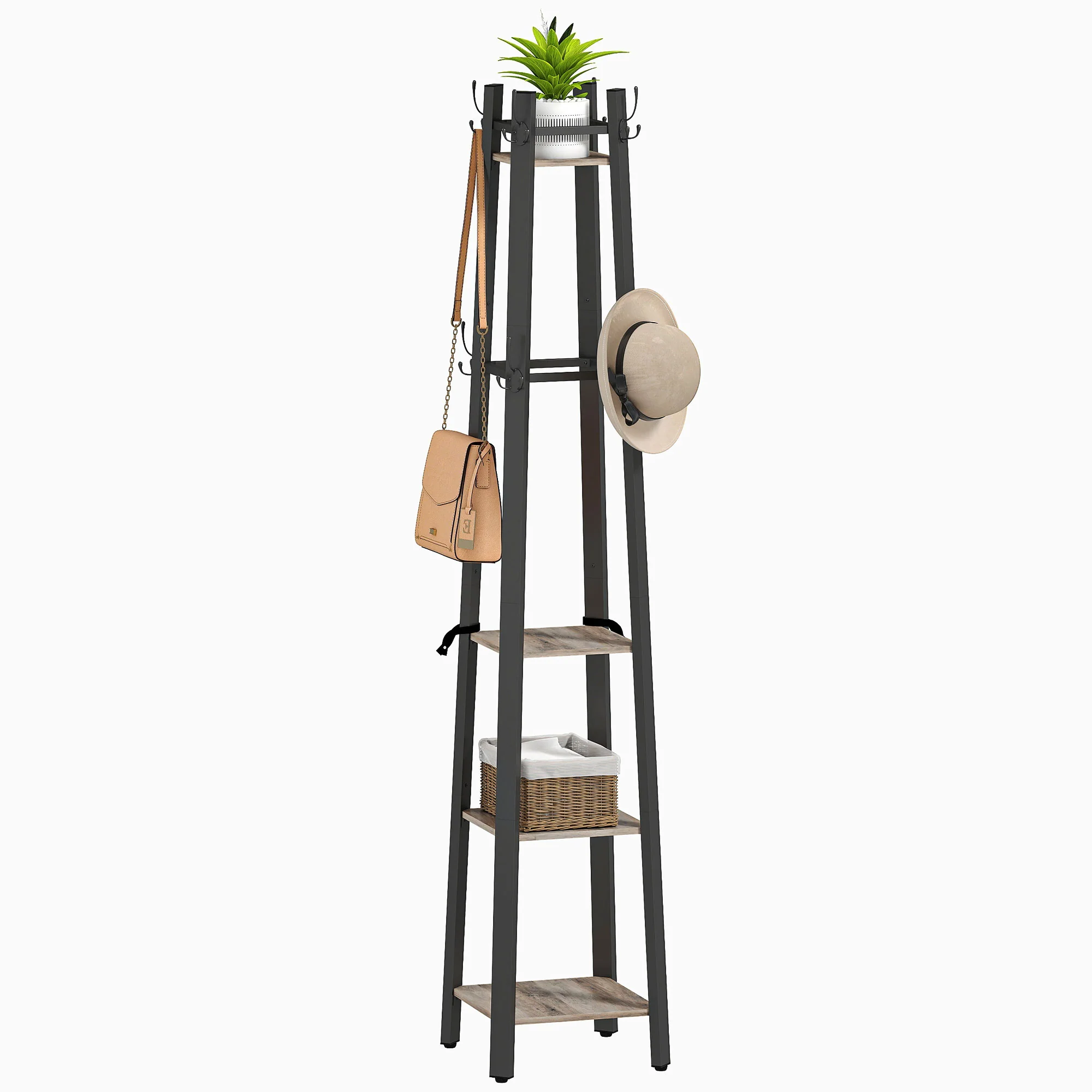 HOMCOM Industrial Coat Stand With 4 Storage Shelves And 8 Hooks