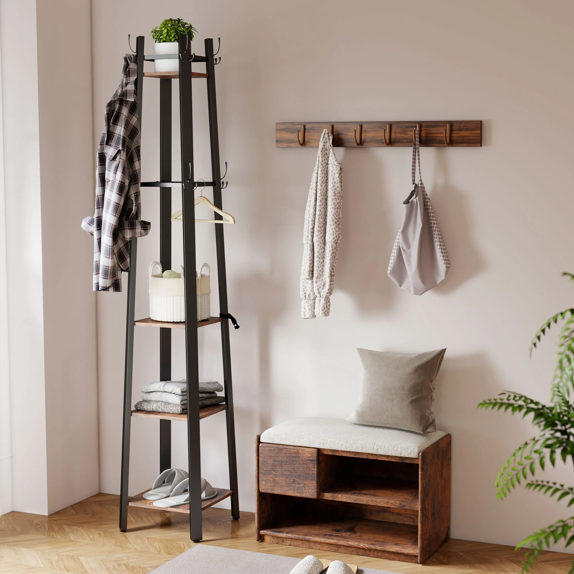 HOMCOM Industrial Coat Stand With 4 Storage Shelves And 8 Hooks - Image 11