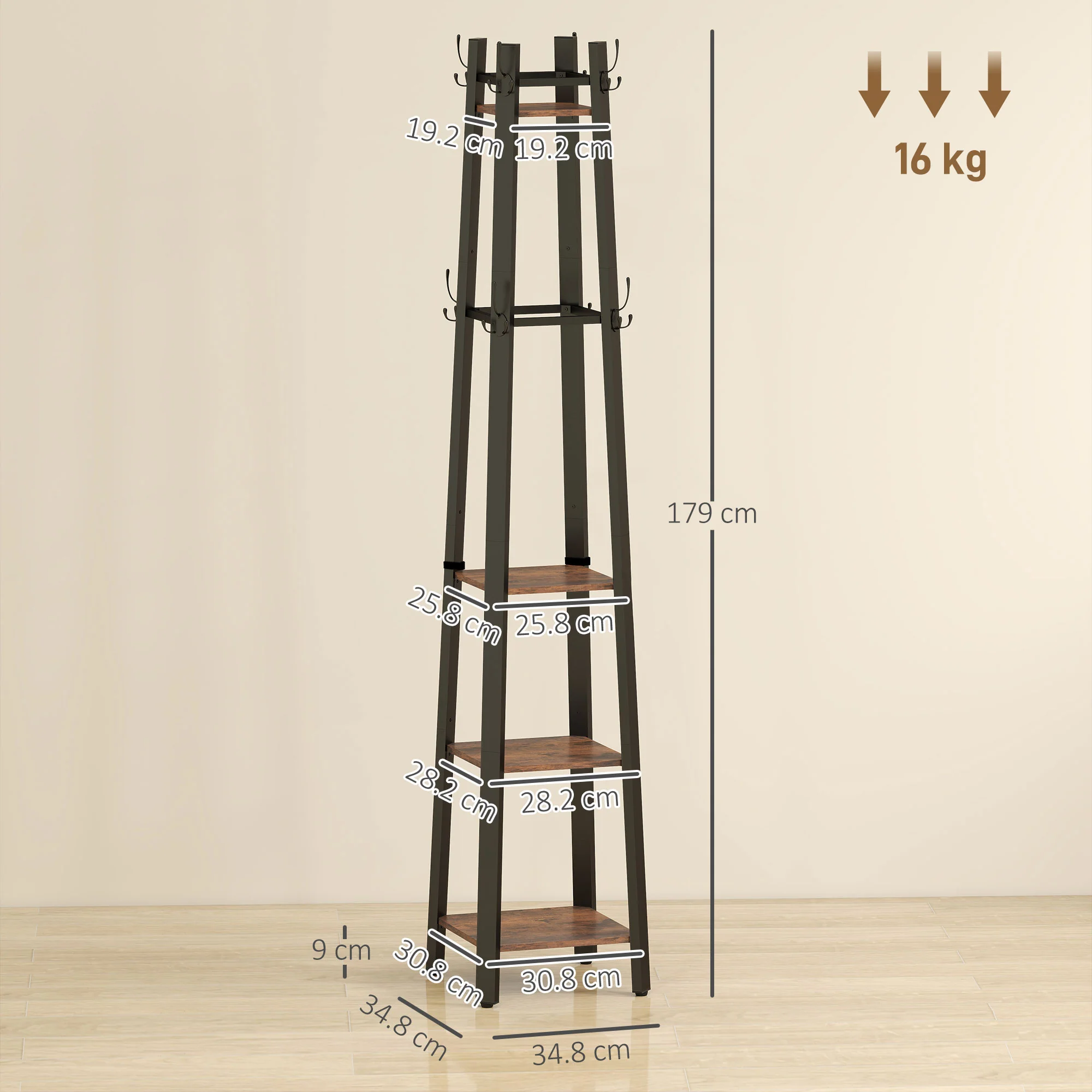 HOMCOM Industrial Coat Stand With 4 Storage Shelves And 8 Hooks - Image 12