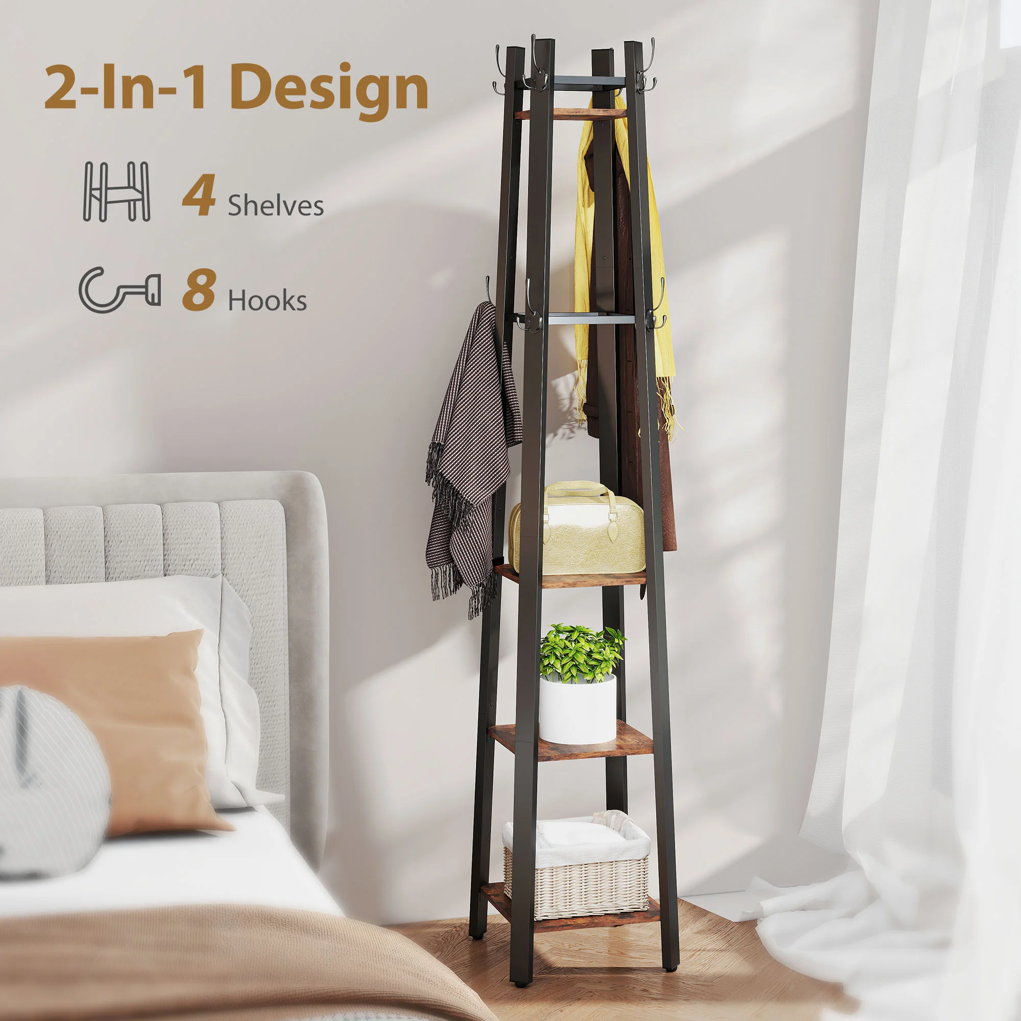 HOMCOM Industrial Coat Stand With 4 Storage Shelves And 8 Hooks - Image 13
