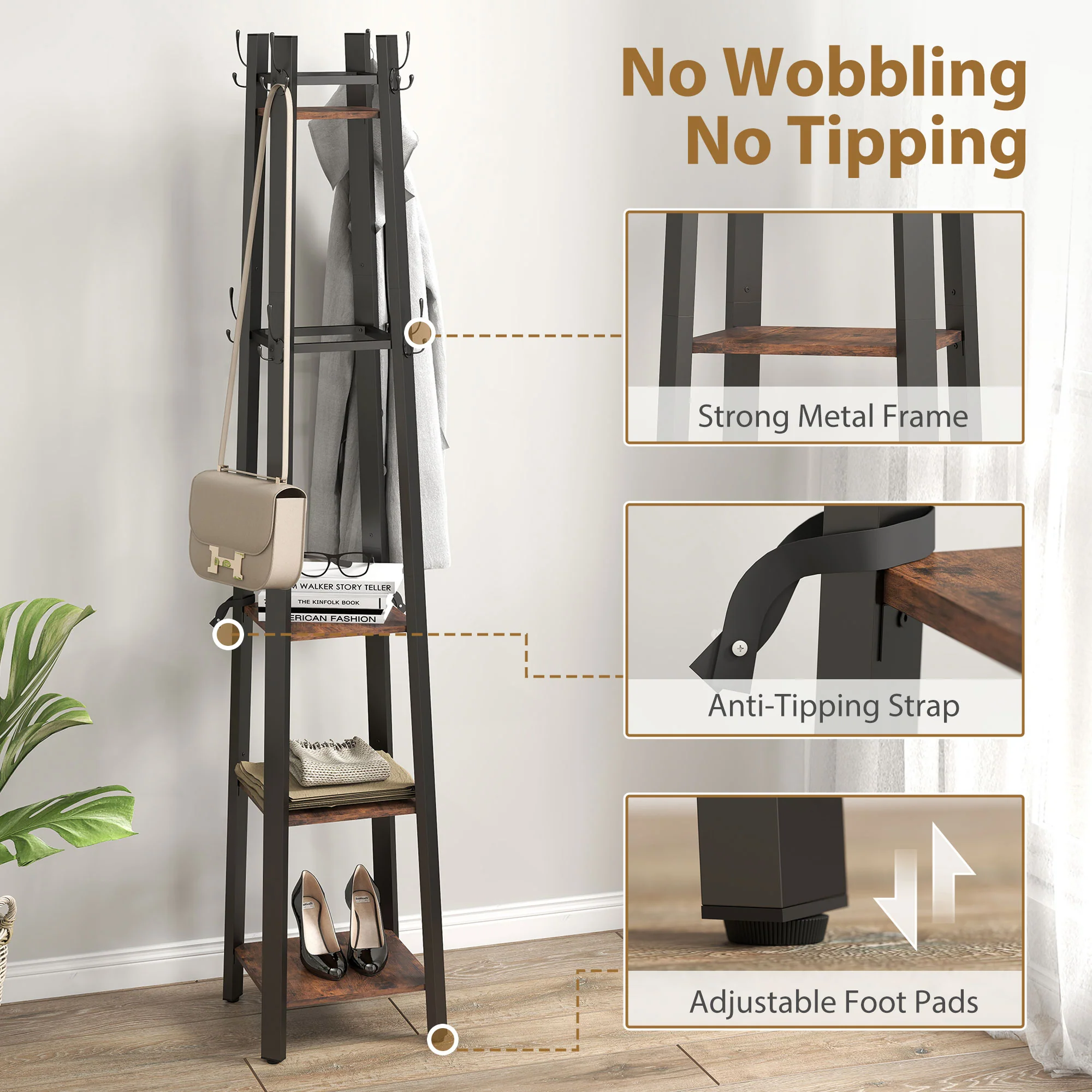 HOMCOM Industrial Coat Stand With 4 Storage Shelves And 8 Hooks - Image 15