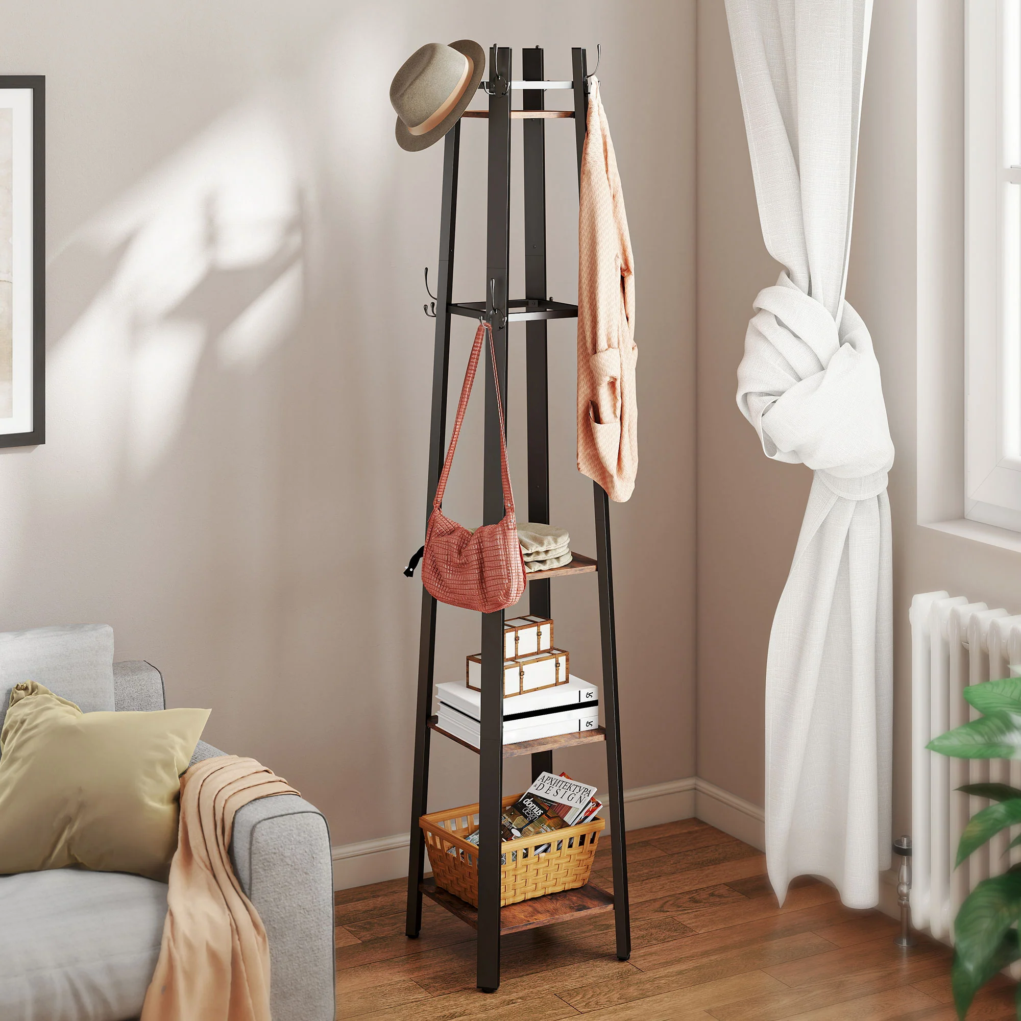 HOMCOM Industrial Coat Stand With 4 Storage Shelves And 8 Hooks - Image 16
