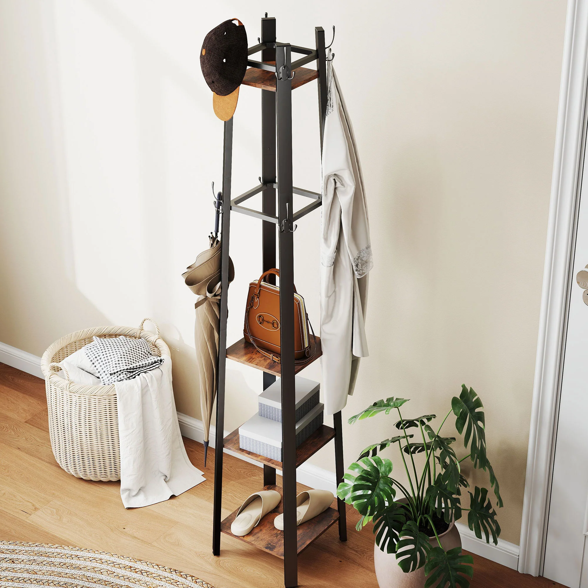 HOMCOM Industrial Coat Stand With 4 Storage Shelves And 8 Hooks - Image 17