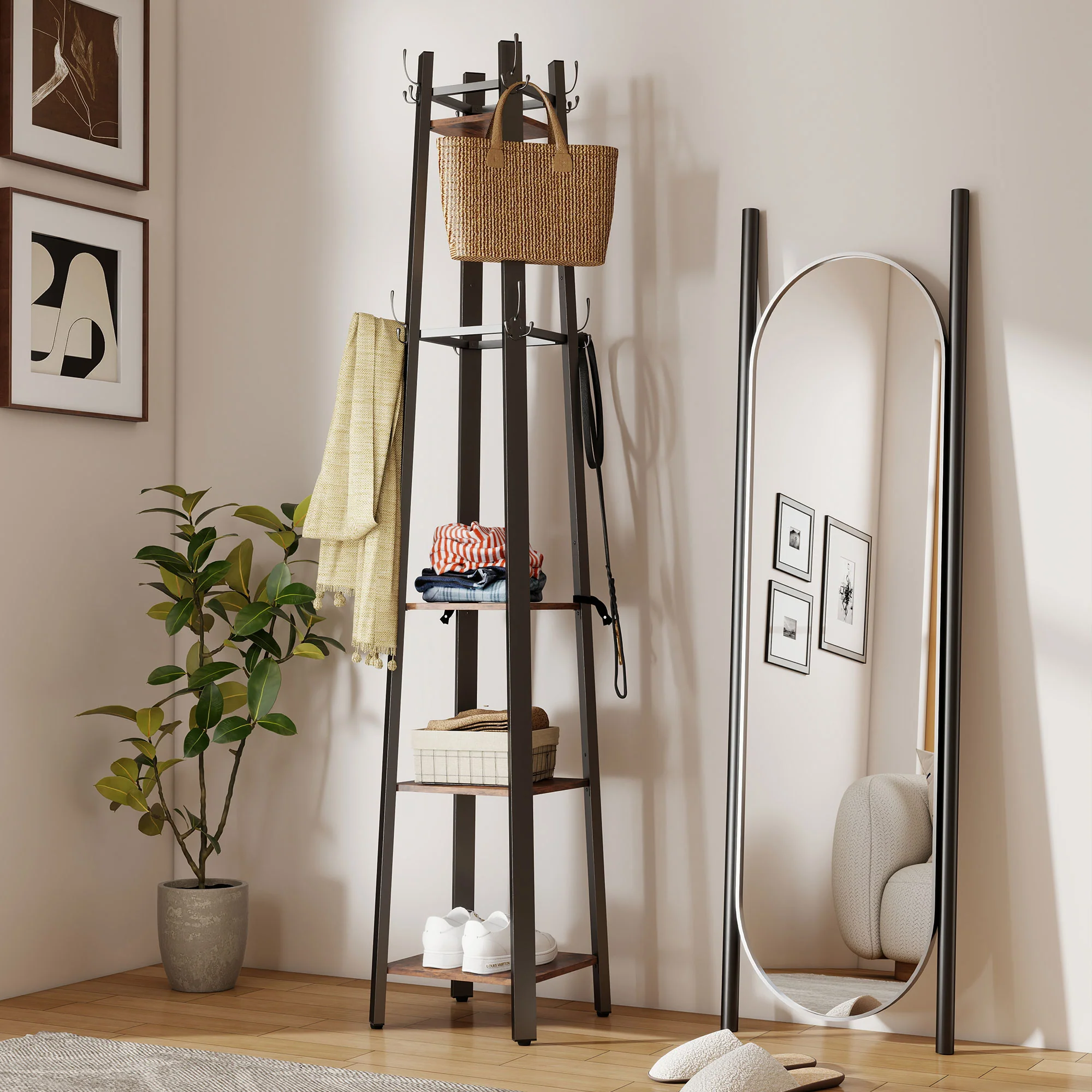 HOMCOM Industrial Coat Stand With 4 Storage Shelves And 8 Hooks - Image 18