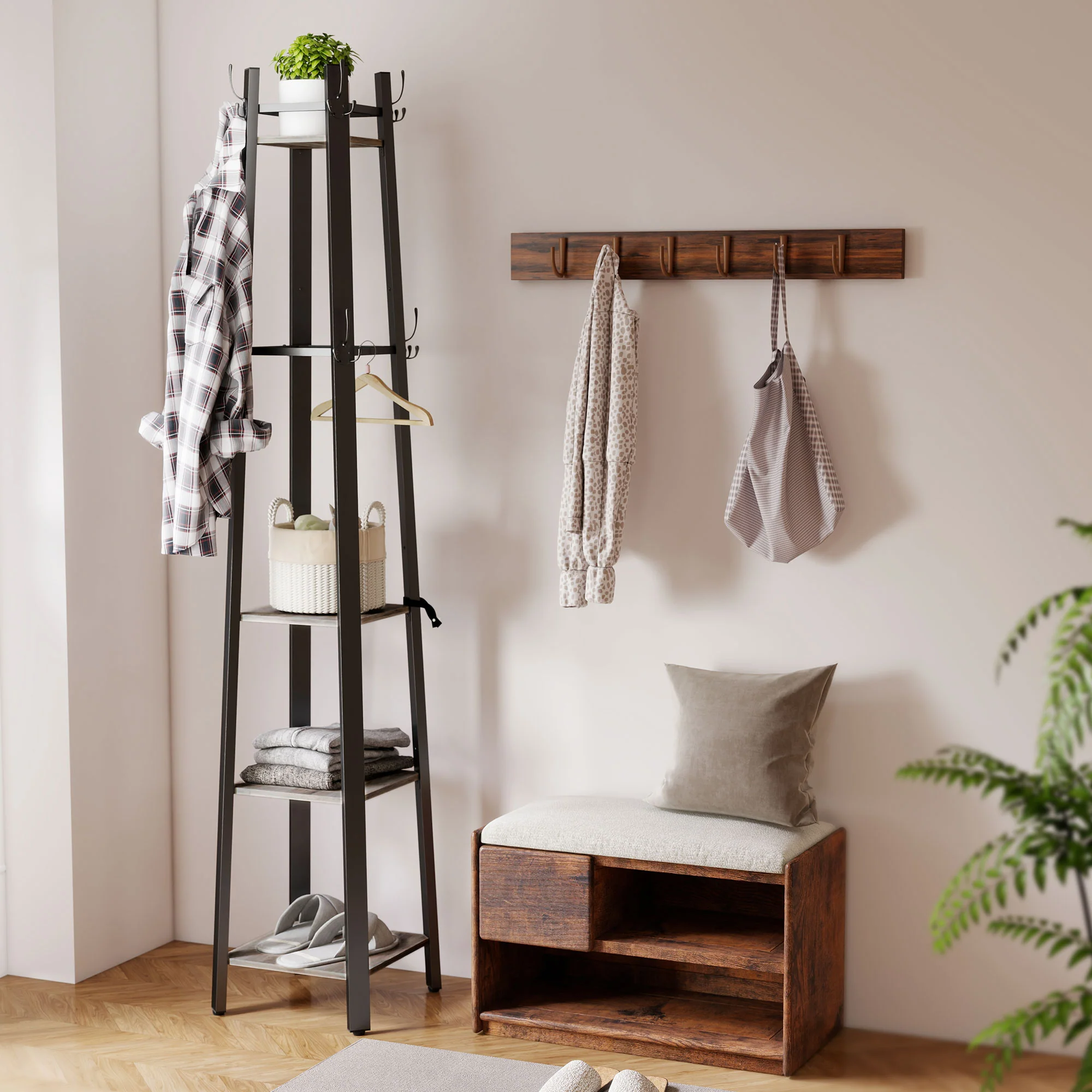 HOMCOM Industrial Coat Stand With 4 Storage Shelves And 8 Hooks - Image 2
