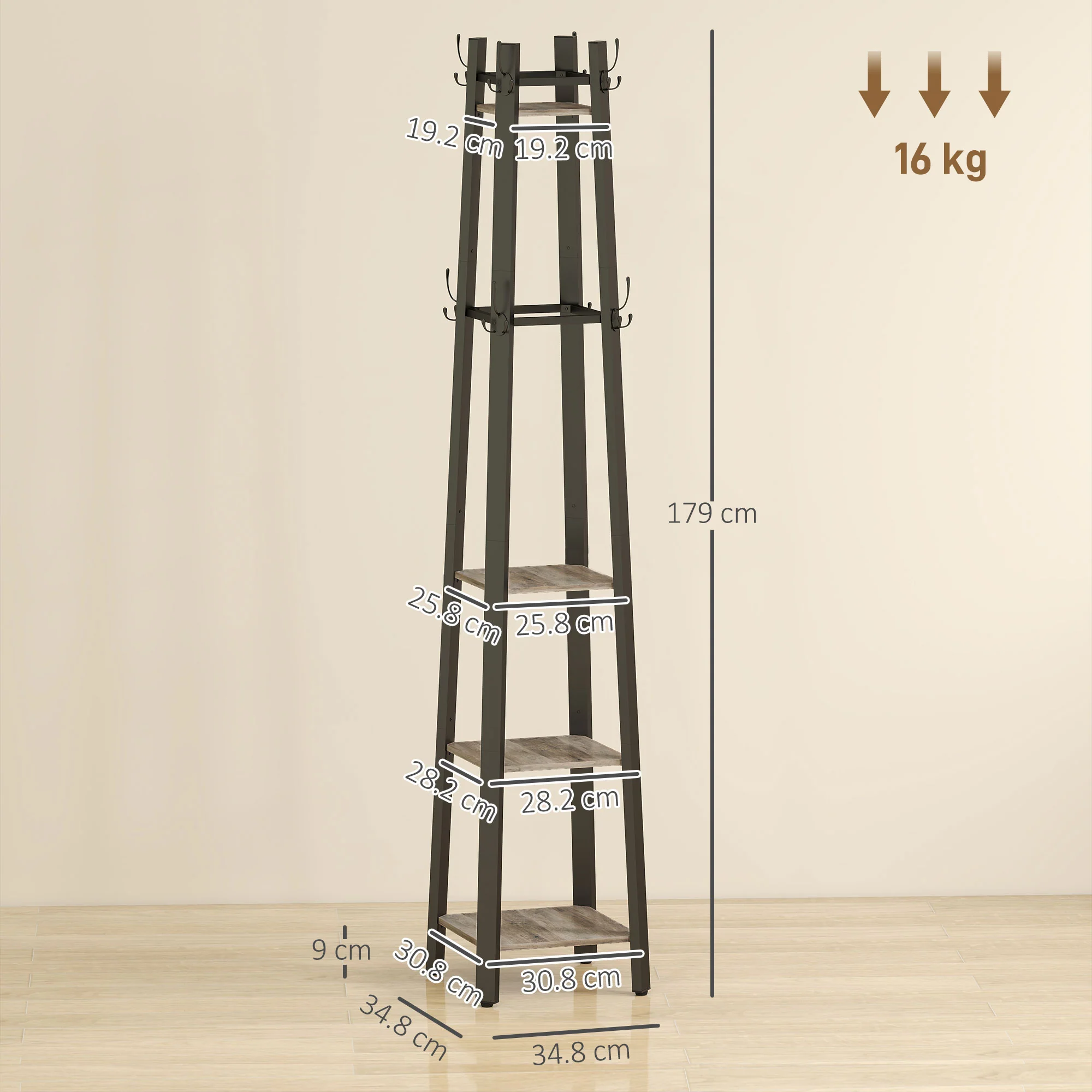 HOMCOM Industrial Coat Stand With 4 Storage Shelves And 8 Hooks - Image 3