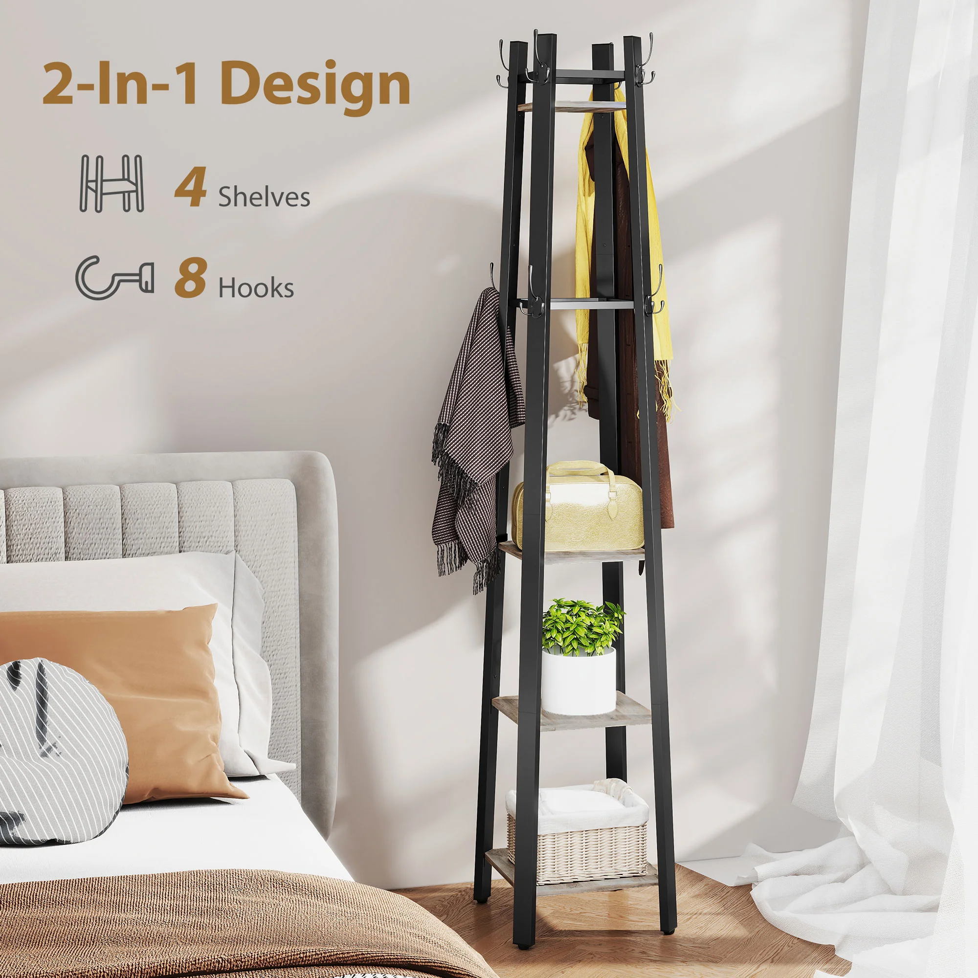 HOMCOM Industrial Coat Stand With 4 Storage Shelves And 8 Hooks - Image 4