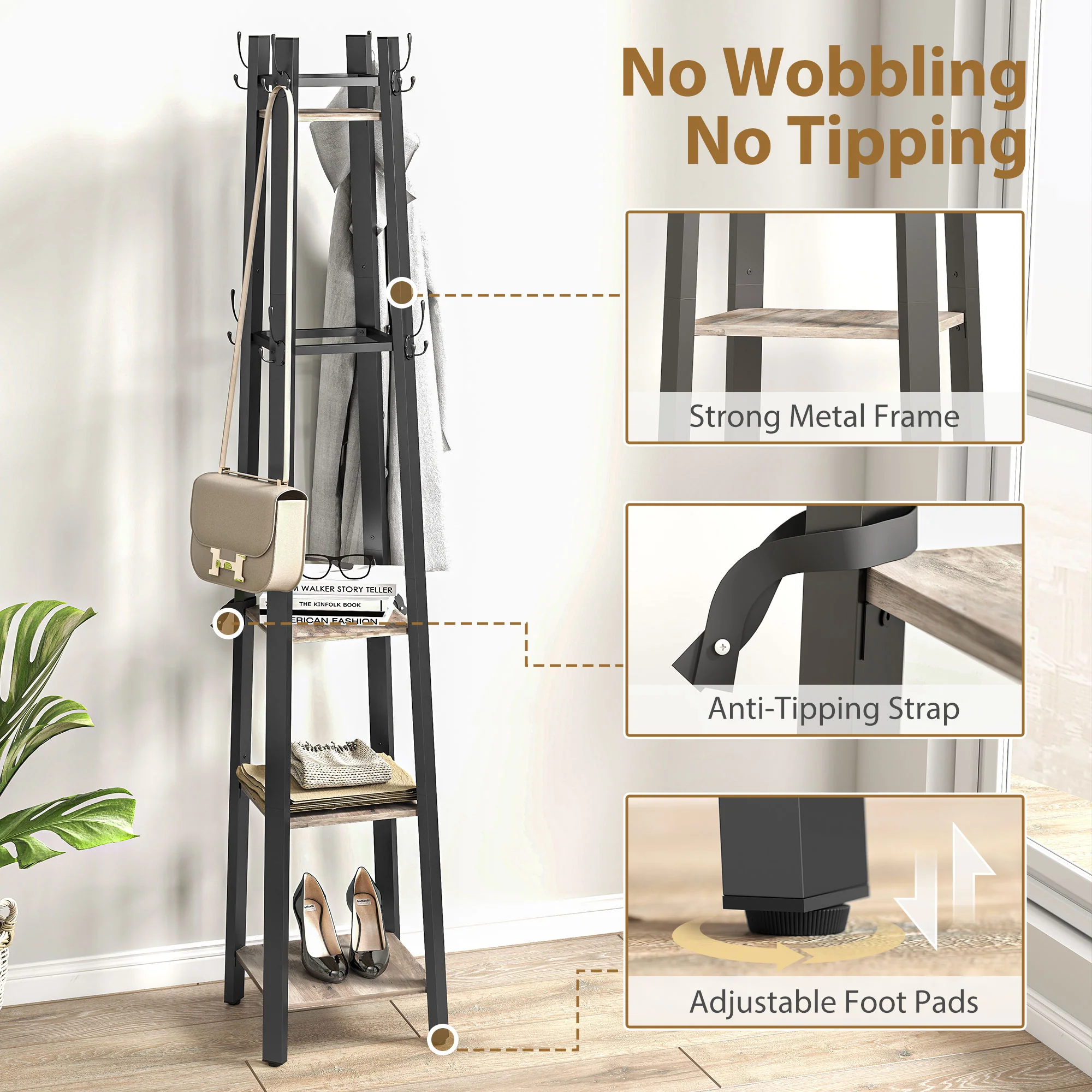 HOMCOM Industrial Coat Stand With 4 Storage Shelves And 8 Hooks - Image 6
