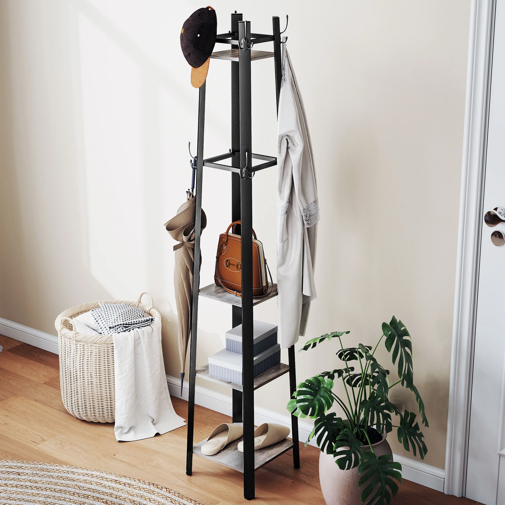 HOMCOM Industrial Coat Stand With 4 Storage Shelves And 8 Hooks - Image 8