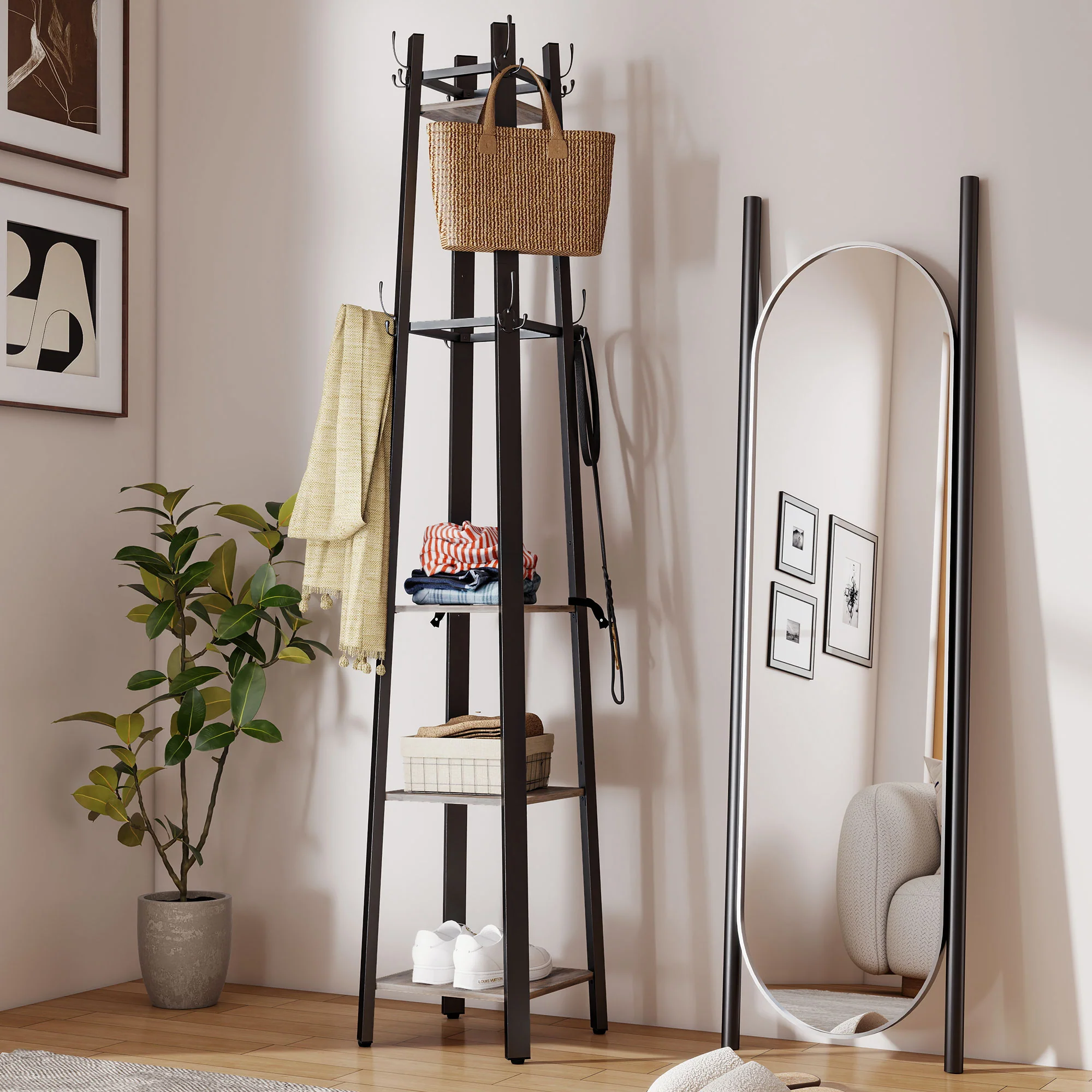 HOMCOM Industrial Coat Stand With 4 Storage Shelves And 8 Hooks - Image 9