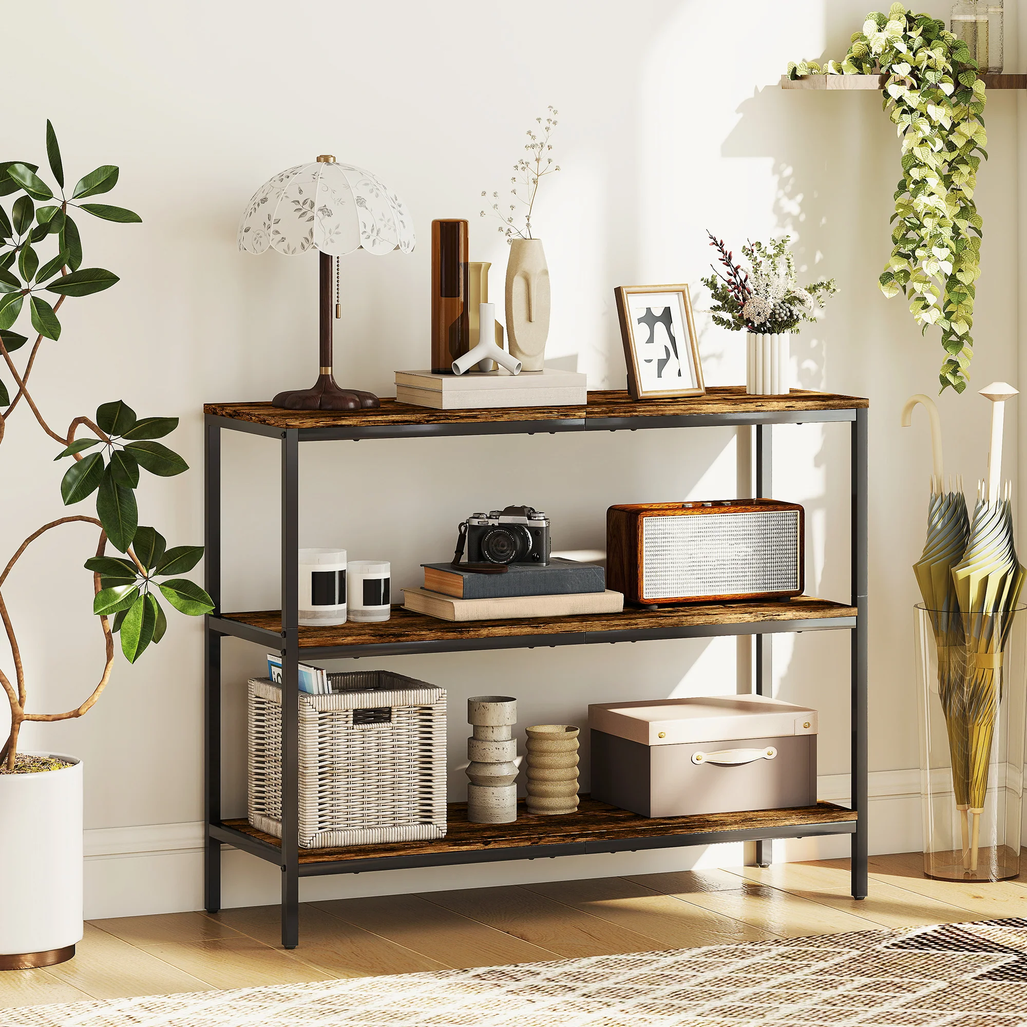 HOMCOM Industrial Console Table With 3-Tier Storage Shelves Rustic Brown - Image 2