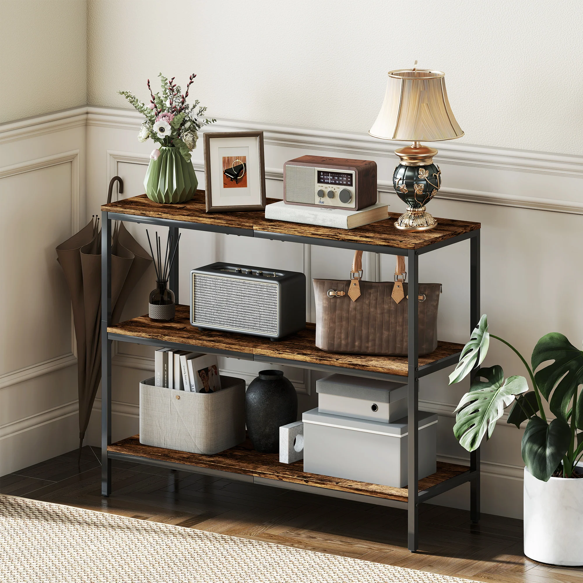 HOMCOM Industrial Console Table With 3-Tier Storage Shelves Rustic Brown - Image 6