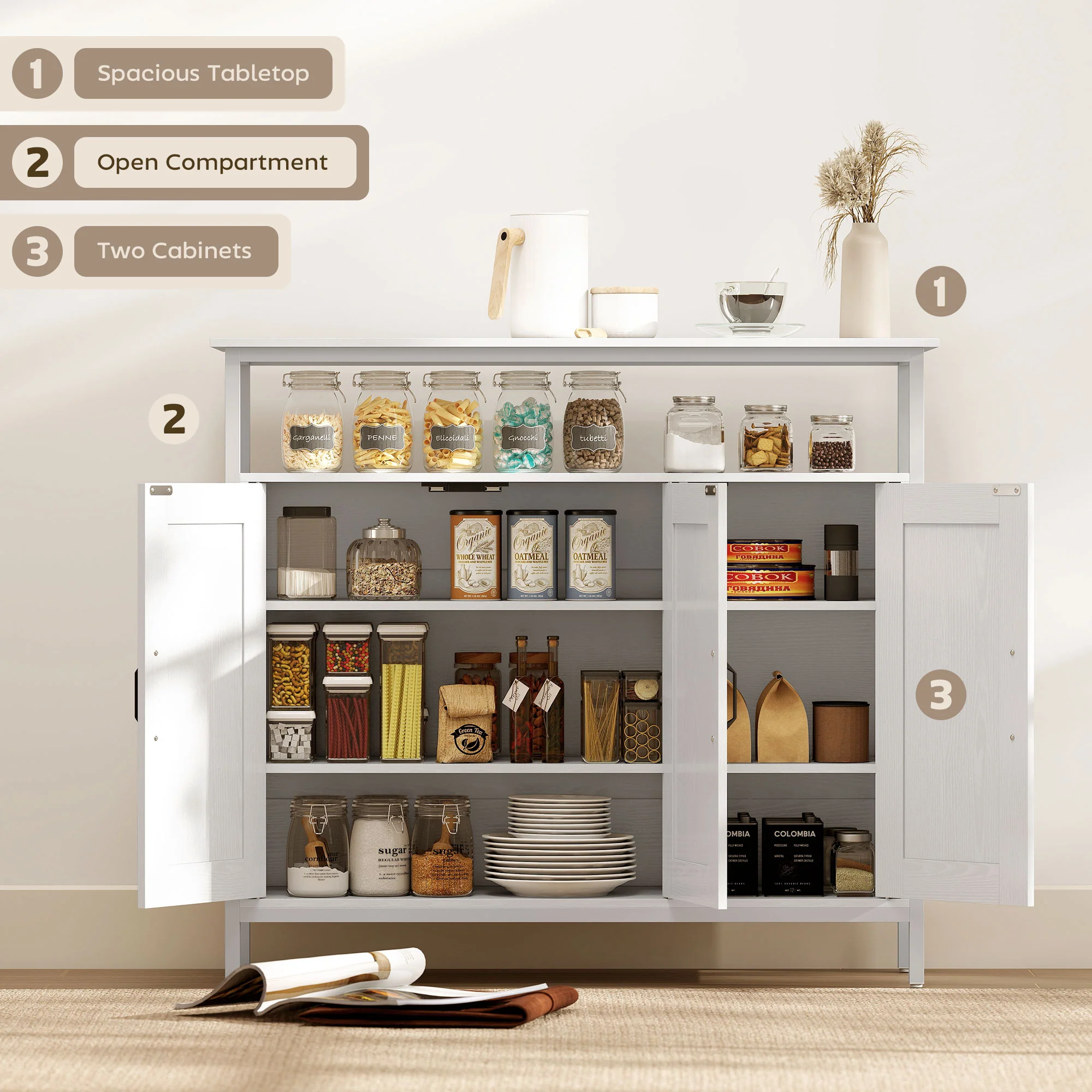 HOMCOM Industrial Kitchen Sideboard with Open Shelf & 2 Cabinets, White - Image 4