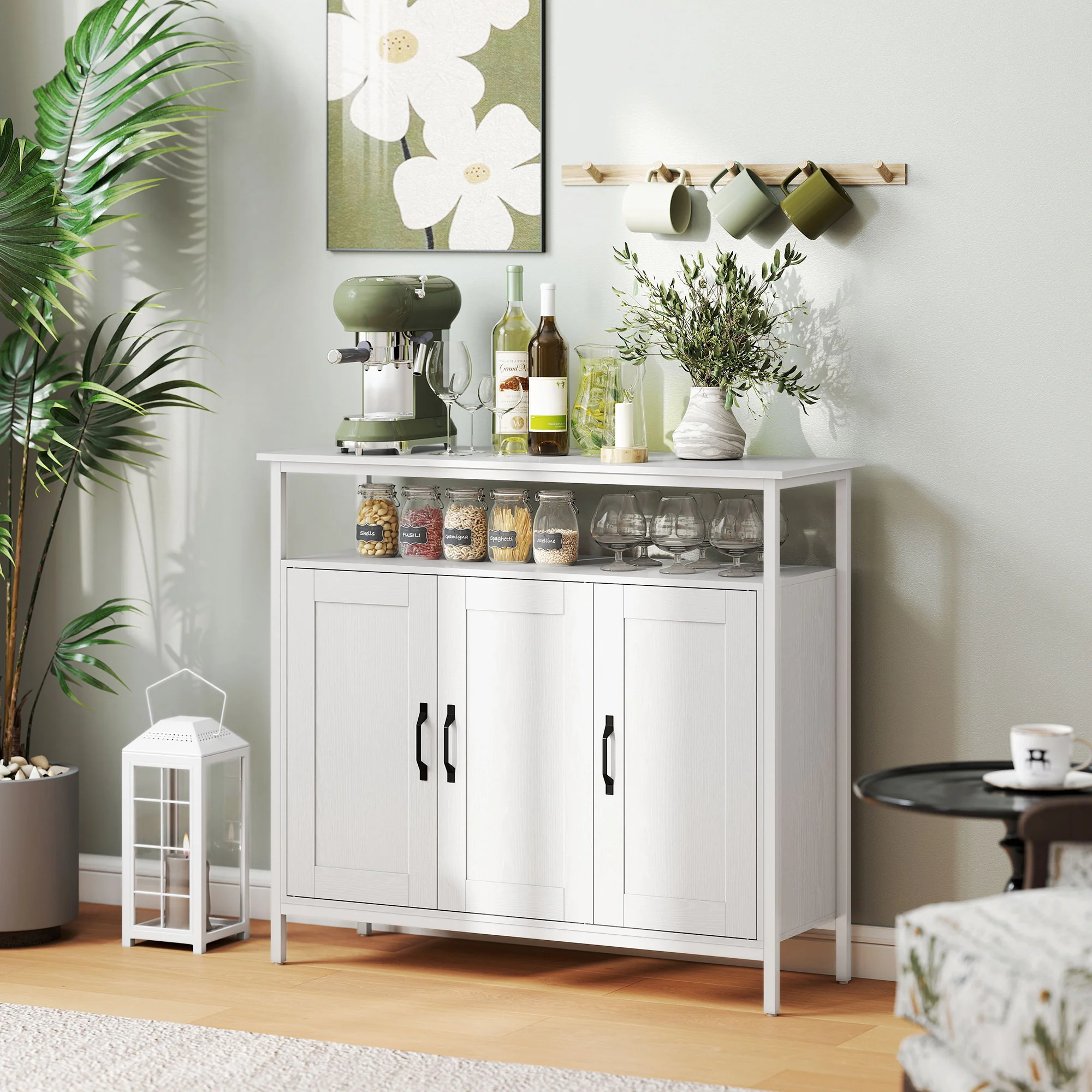 HOMCOM Industrial Kitchen Sideboard with Open Shelf & 2 Cabinets, White - Image 7
