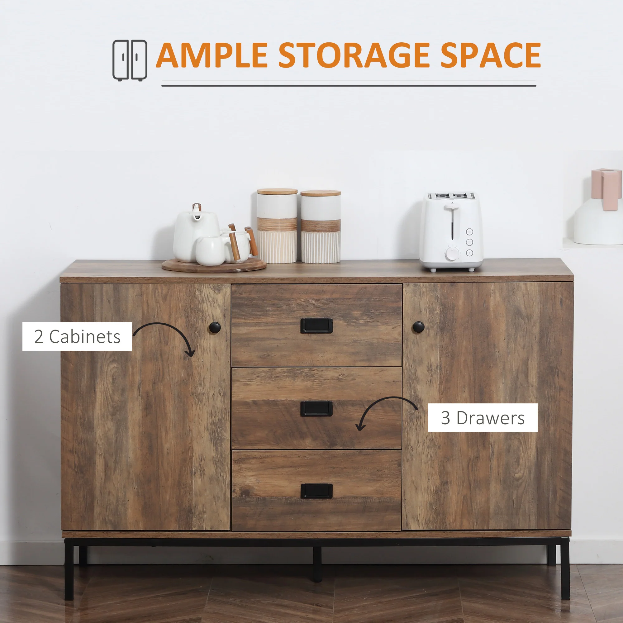 HOMCOM Industrial Sideboard, Storage Cabinet, Accent Cupboard Distressed Brown - Image 3
