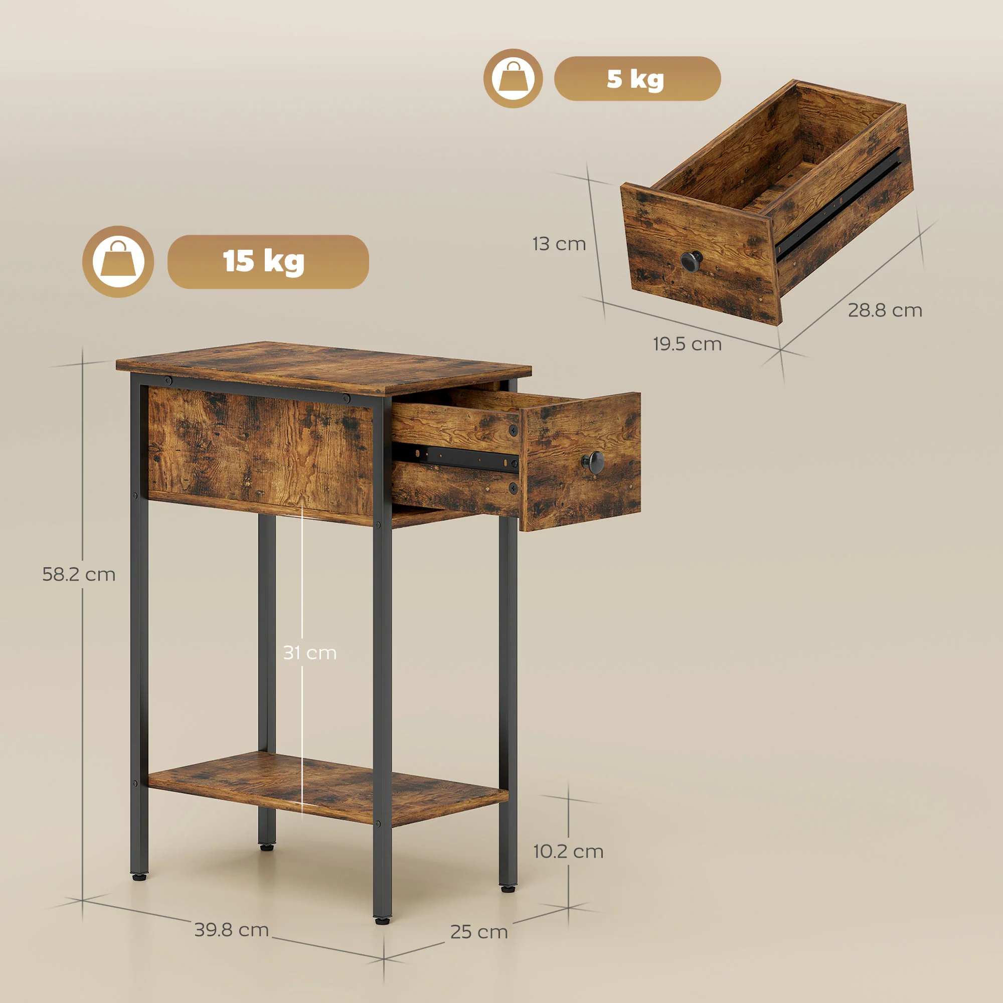 HOMCOM Industrial Slim End Table Nightstand For Small Spaces Rustic Brown - Image 5