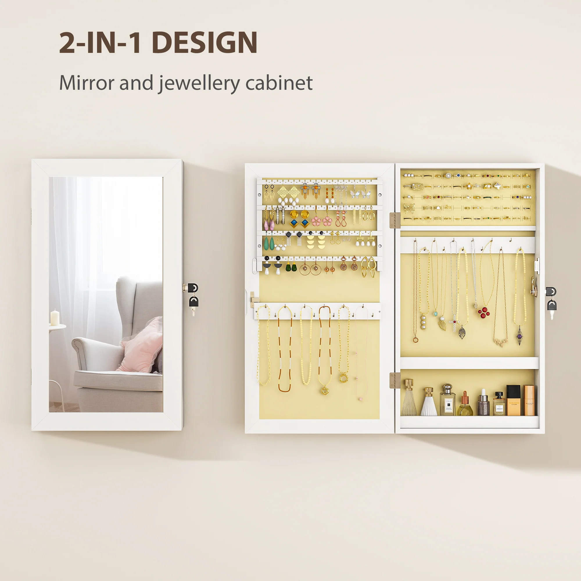 HOMCOM Jewelry Cabinet, Wall-Mounted Storage Cabinet With Mirror - Image 4
