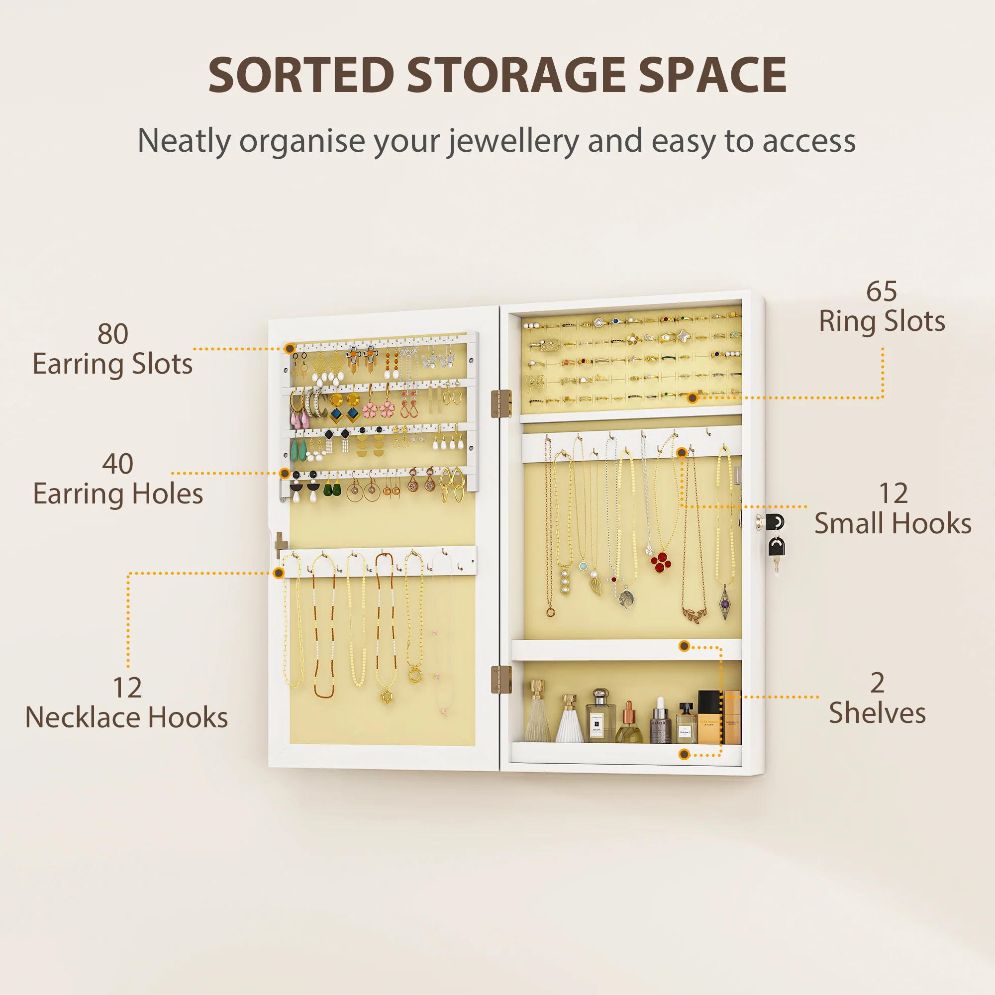 HOMCOM Jewelry Cabinet, Wall-Mounted Storage Cabinet With Mirror - Image 5