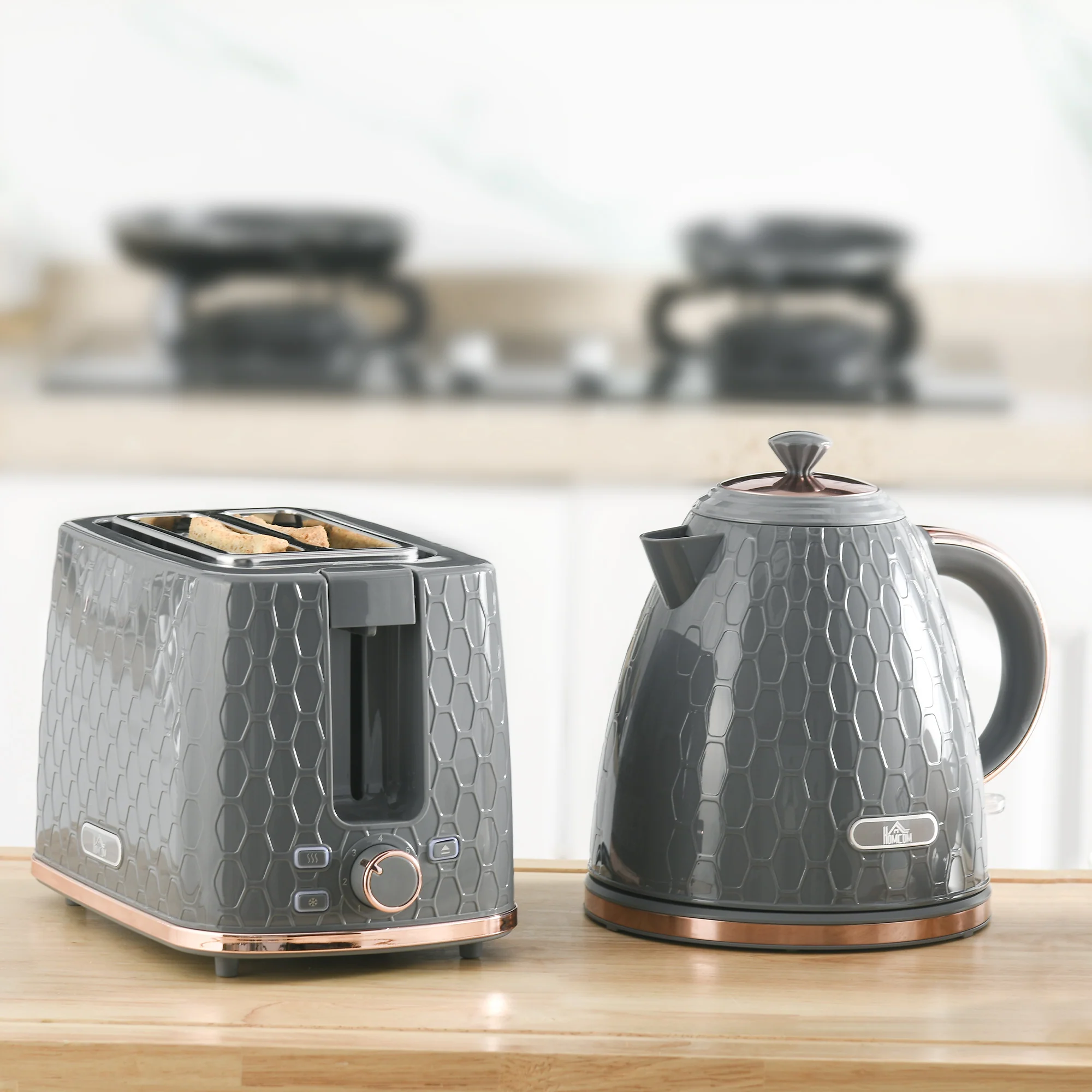 HOMCOM Kettle and Toaster Set 1.7L Fast Boil Kettle & 2 Slice Toaster Set Grey - Image 2