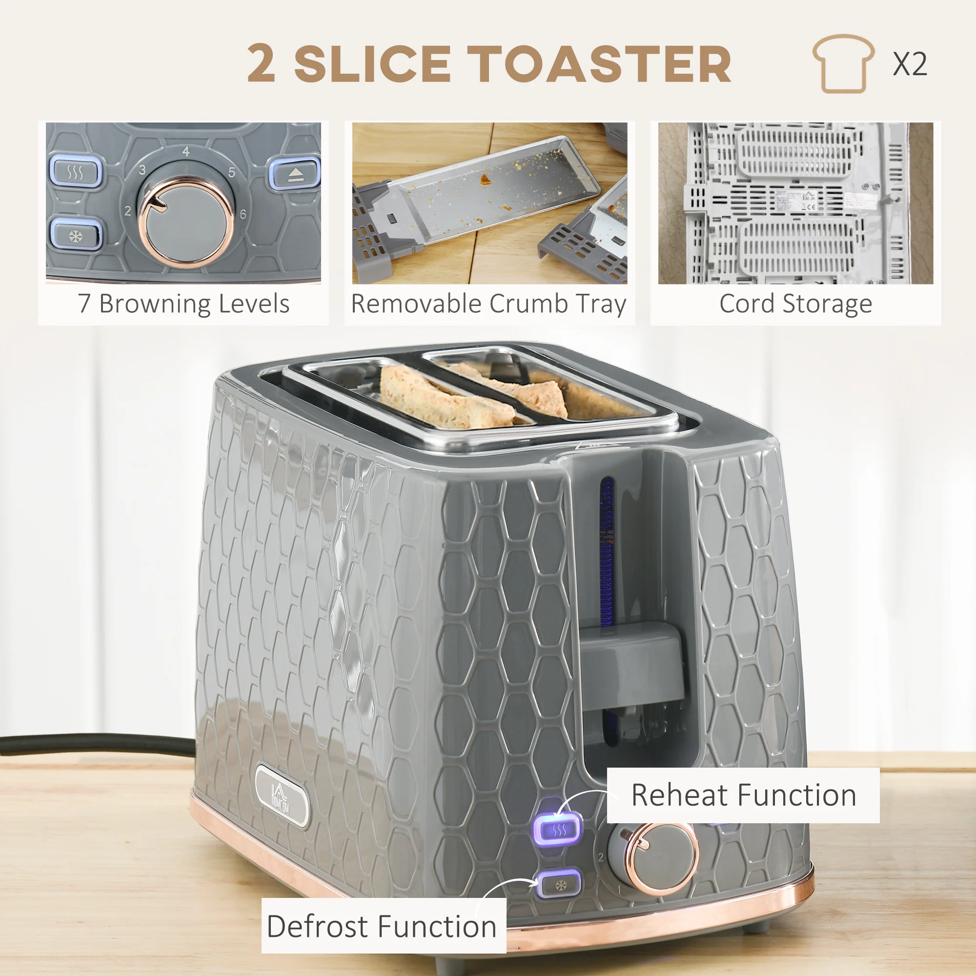 HOMCOM Kettle and Toaster Set 1.7L Fast Boil Kettle & 2 Slice Toaster Set Grey - Image 4