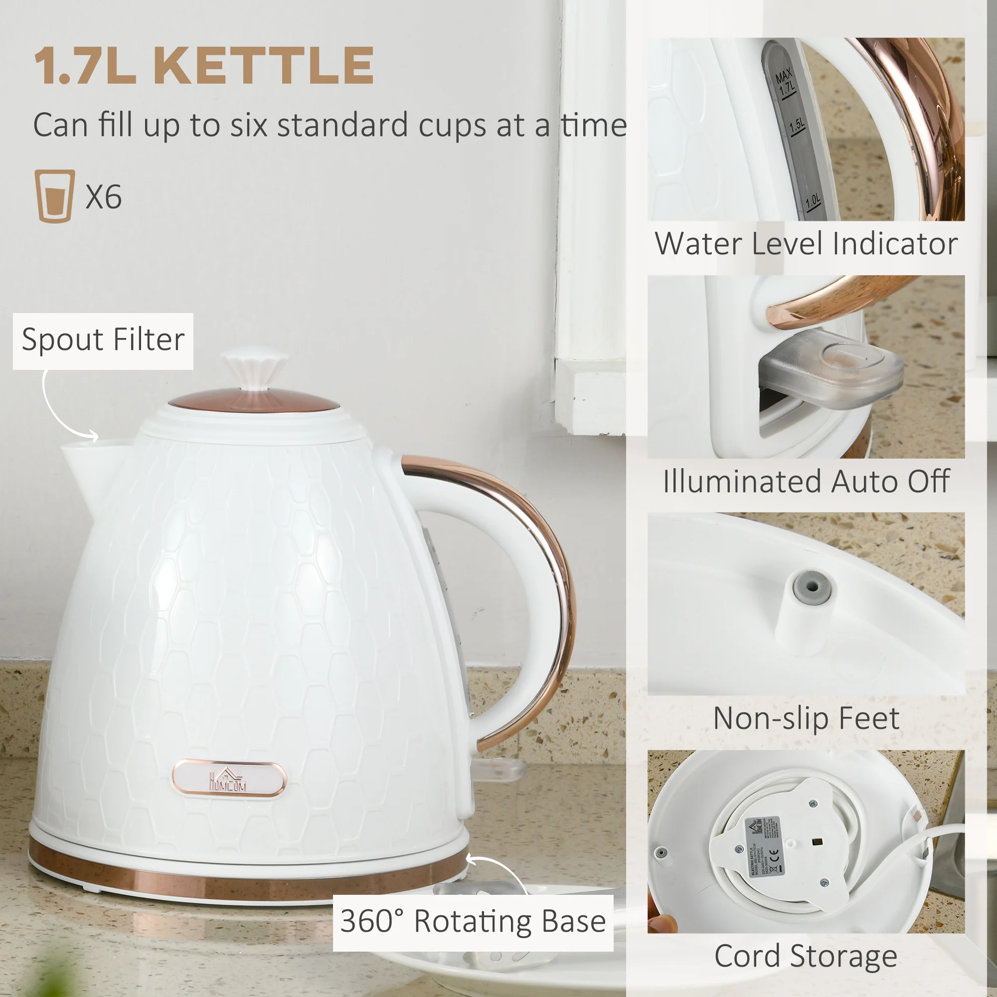 HOMCOM Kettle and Toaster Set 1.7L Fast Boil Kettle & 2 Slice Toaster Set White - Image 3