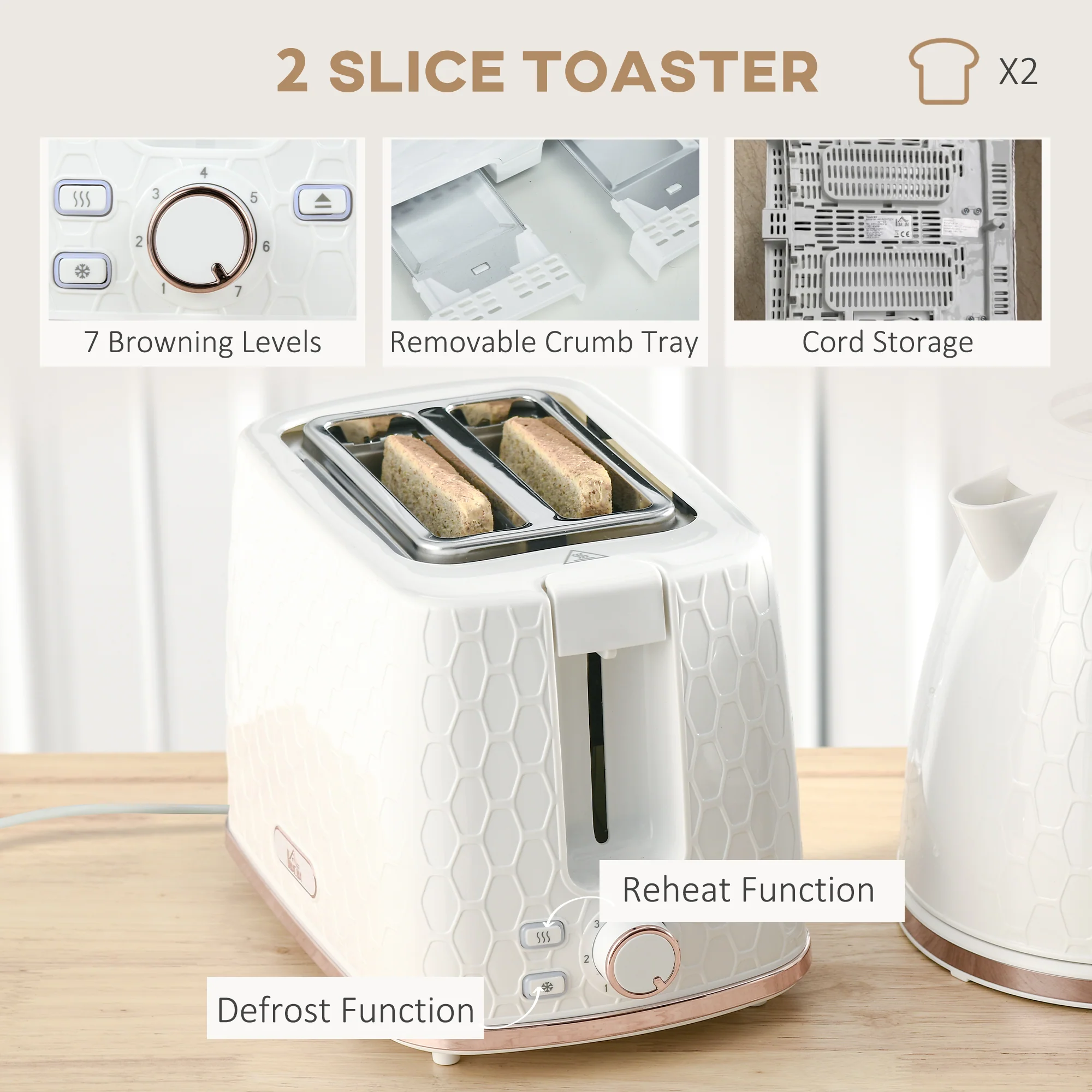 HOMCOM Kettle and Toaster Set 1.7L Fast Boil Kettle & 2 Slice Toaster Set White - Image 4