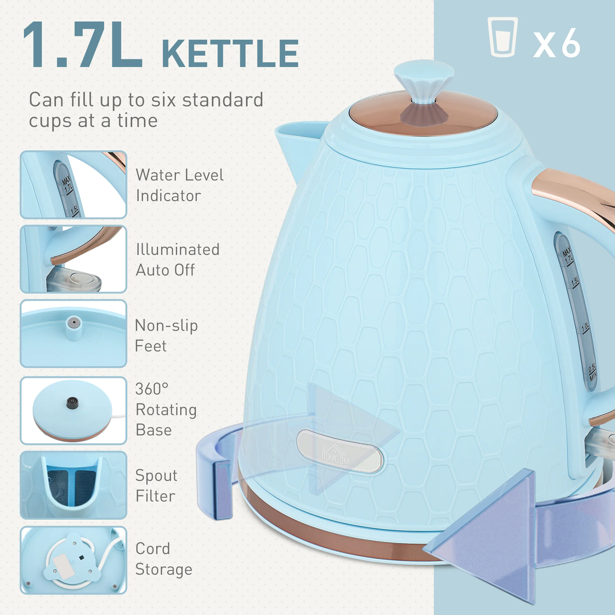 HOMCOM Kettle And Toaster Set 1.7L Kettle & 2 Slice Toaster Set, - Image 4