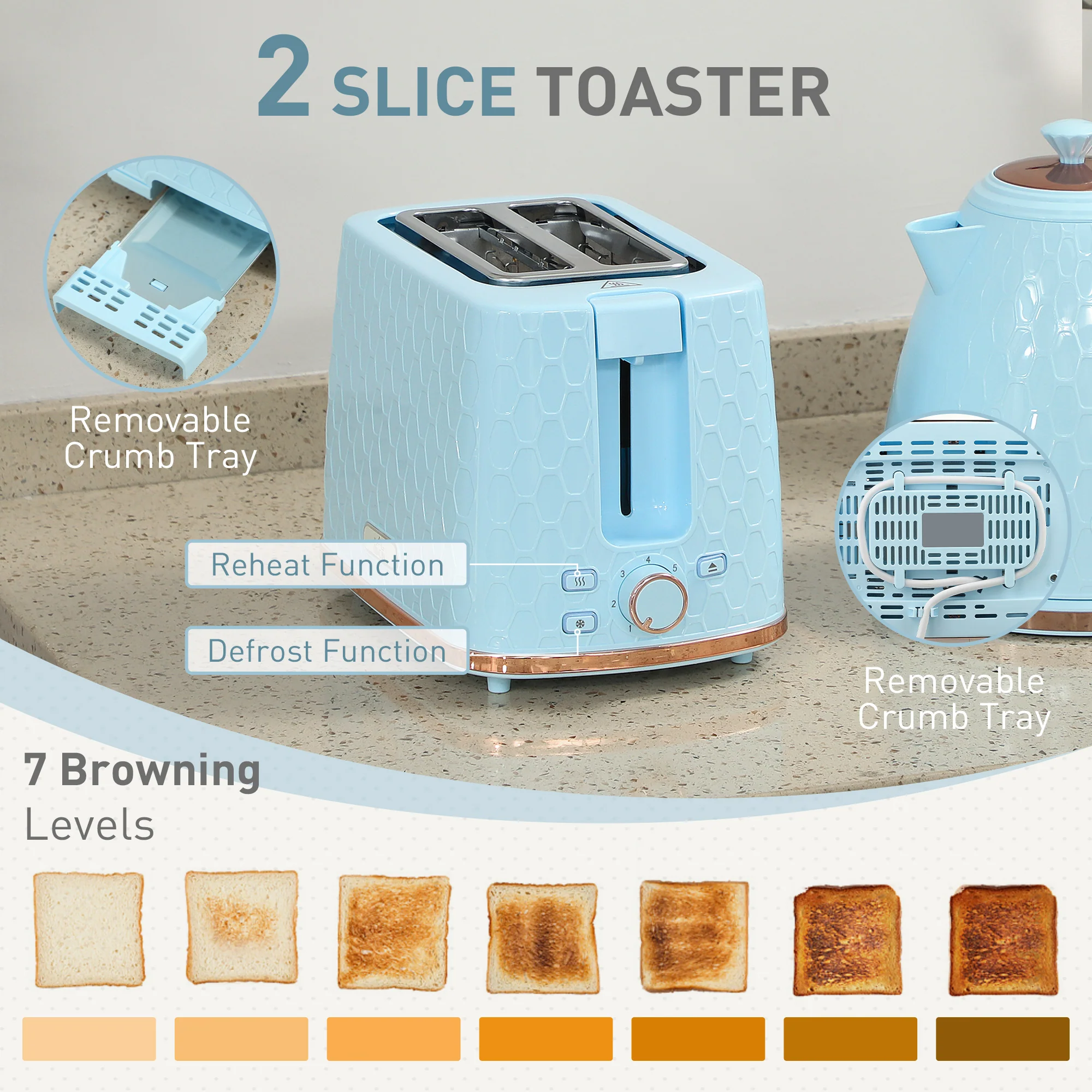 HOMCOM Kettle And Toaster Set 1.7L Kettle & 2 Slice Toaster Set, - Image 5