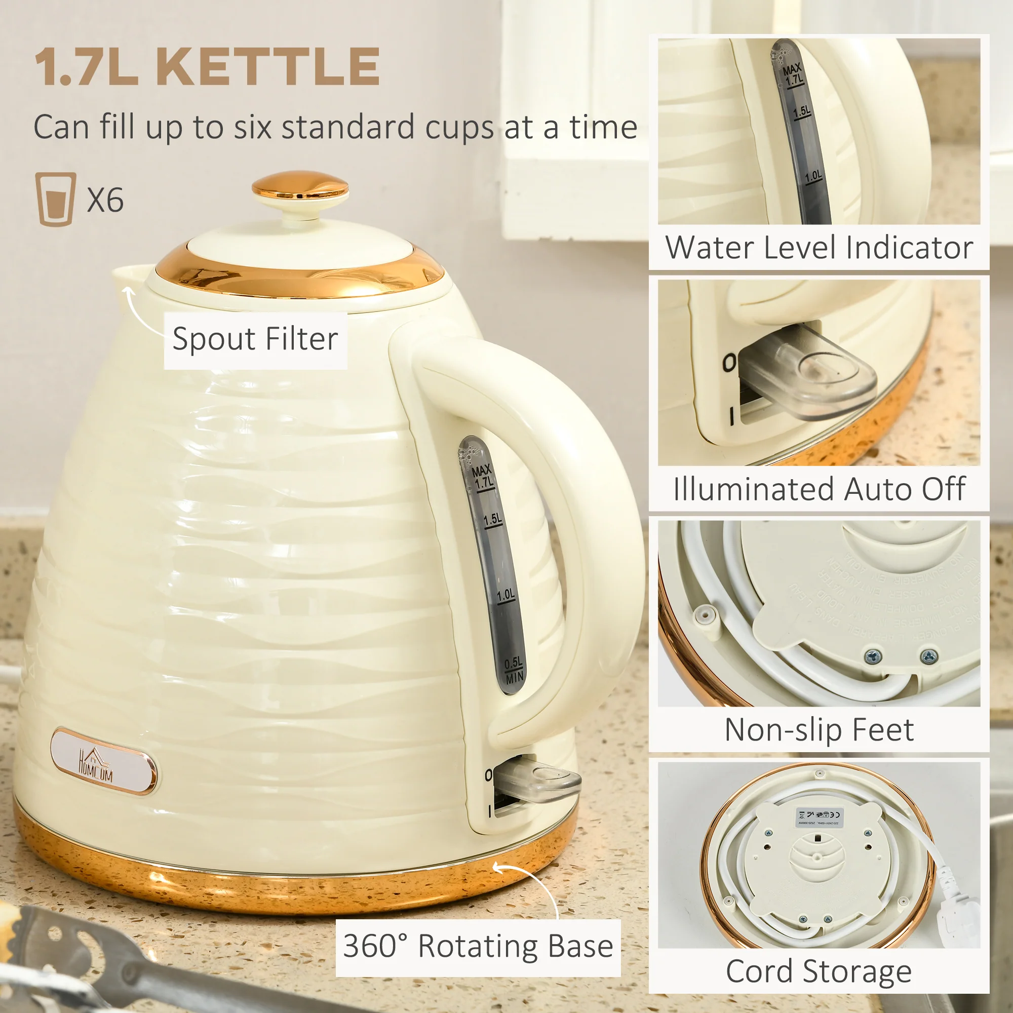 HOMCOM Kettle and Toaster Set 1.7L Rapid Boil Kettle & 4 Slice Toaster Beige - Image 3